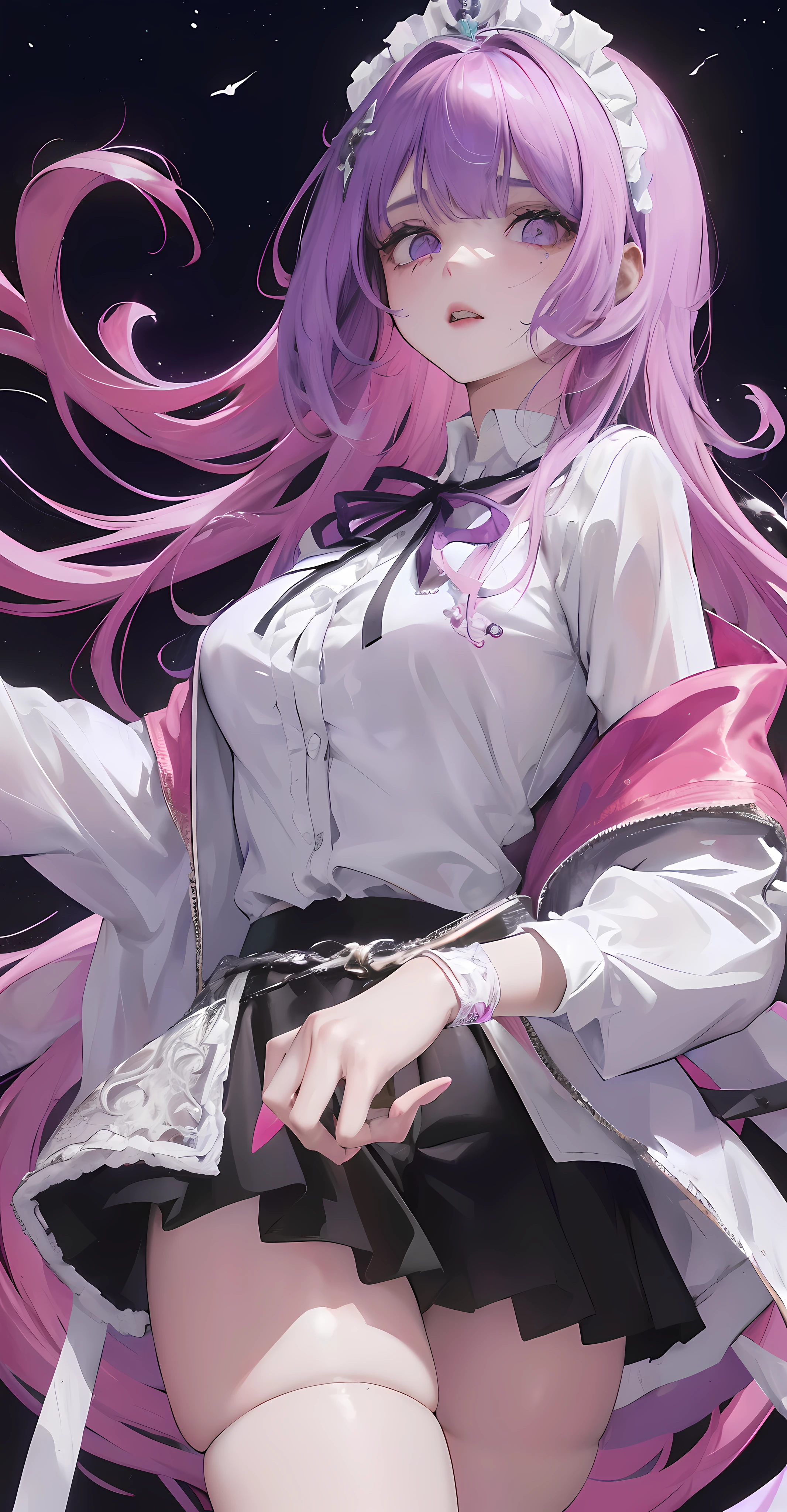 (higher resolution, imagen_distinta) La mejor calidad, la obra maestra de una mujer, muy detallada, semi realista (la mayor parte del cuerpo), cabello largo y rosado, flequillo, 18yr old, joven, ajuste negro, Purple Pink Flight Suit, camisa con cuello alzado, Cara afilada, (ojos marrones, cabello entre ojos), abrigo largo fluorescente (vidrio roto), (fondo blanco liso), chill, serio, autoritario, poderoso, (pintura de pie), (rasgos faciales exquisitos, rasgos faciales exquisitos), zombies, mounstros, Horror cosmic, miedo, Bled,ojos rojos, ojos brillantes pupilas circulares,