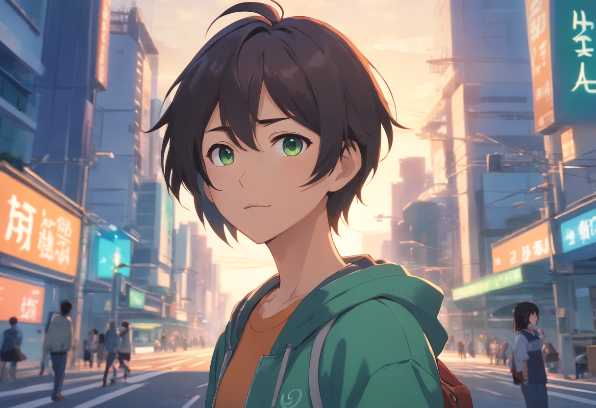 Personaje masculino, A young man about 18 years old, of medium height and athletic build, Tiene cabello negro y desordenado, ojos de color verde intenso y una cicatriz en la mejilla izquierda, esta en algun lugar en una ciudad futuristica, detallado y full Hd, cuerpo completo, interactuando con un personaje femenino,