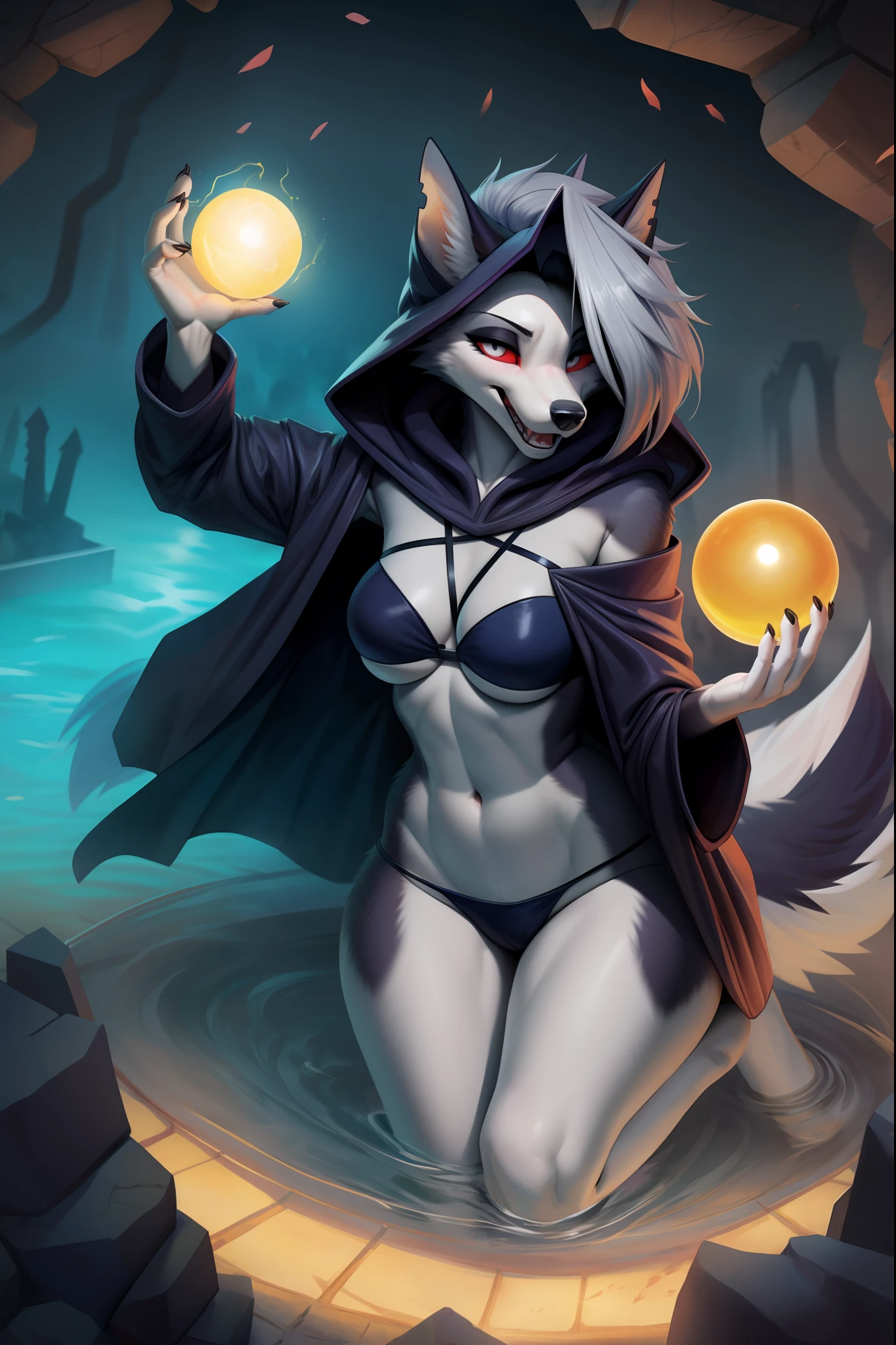 Loona, hellhound, in the underworld, floating over a pool of green energy, souls flying everywhere, wearing black skimpy death robe, hood, by gudlmok99, grinning, holding an orb of souls and energy