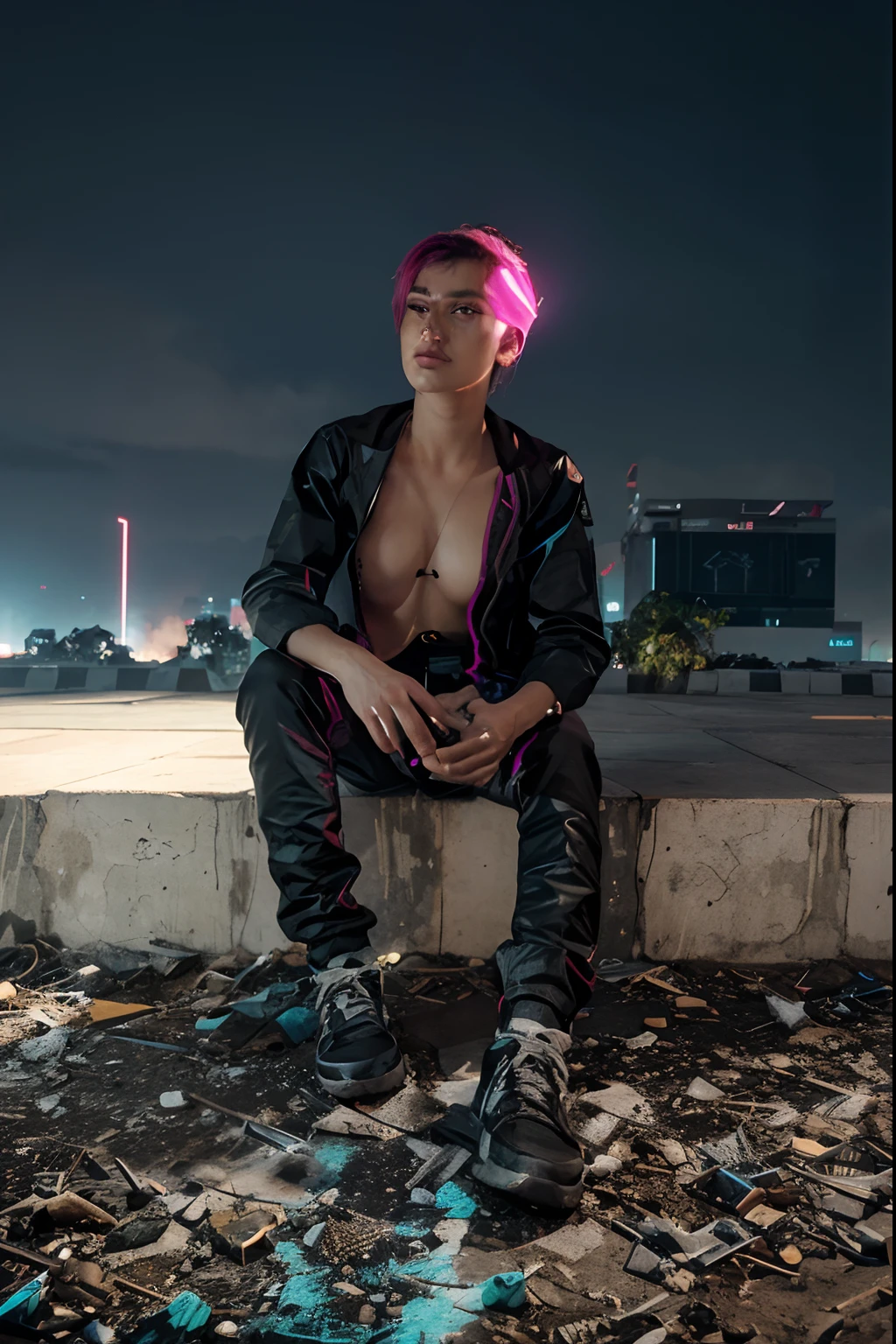 Change background into cyberpunk,change clothes, realistic face,
