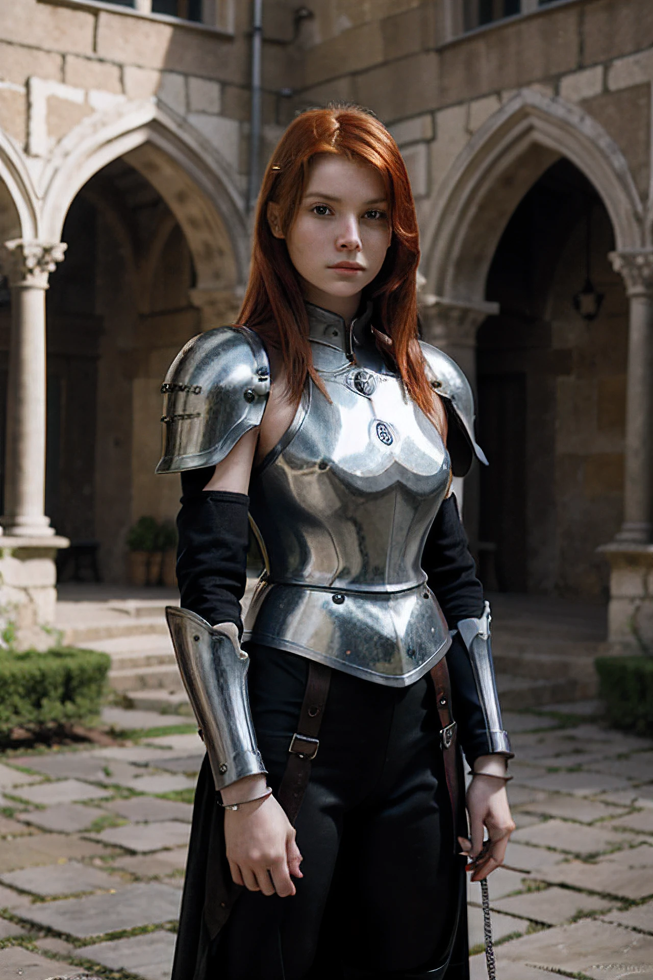 Red-haired woman,Young ************ Russian,as a knight in the courtyard of the castle, In his right hand is a sword, Steel Shoulder Pads ,Steel wristbands,