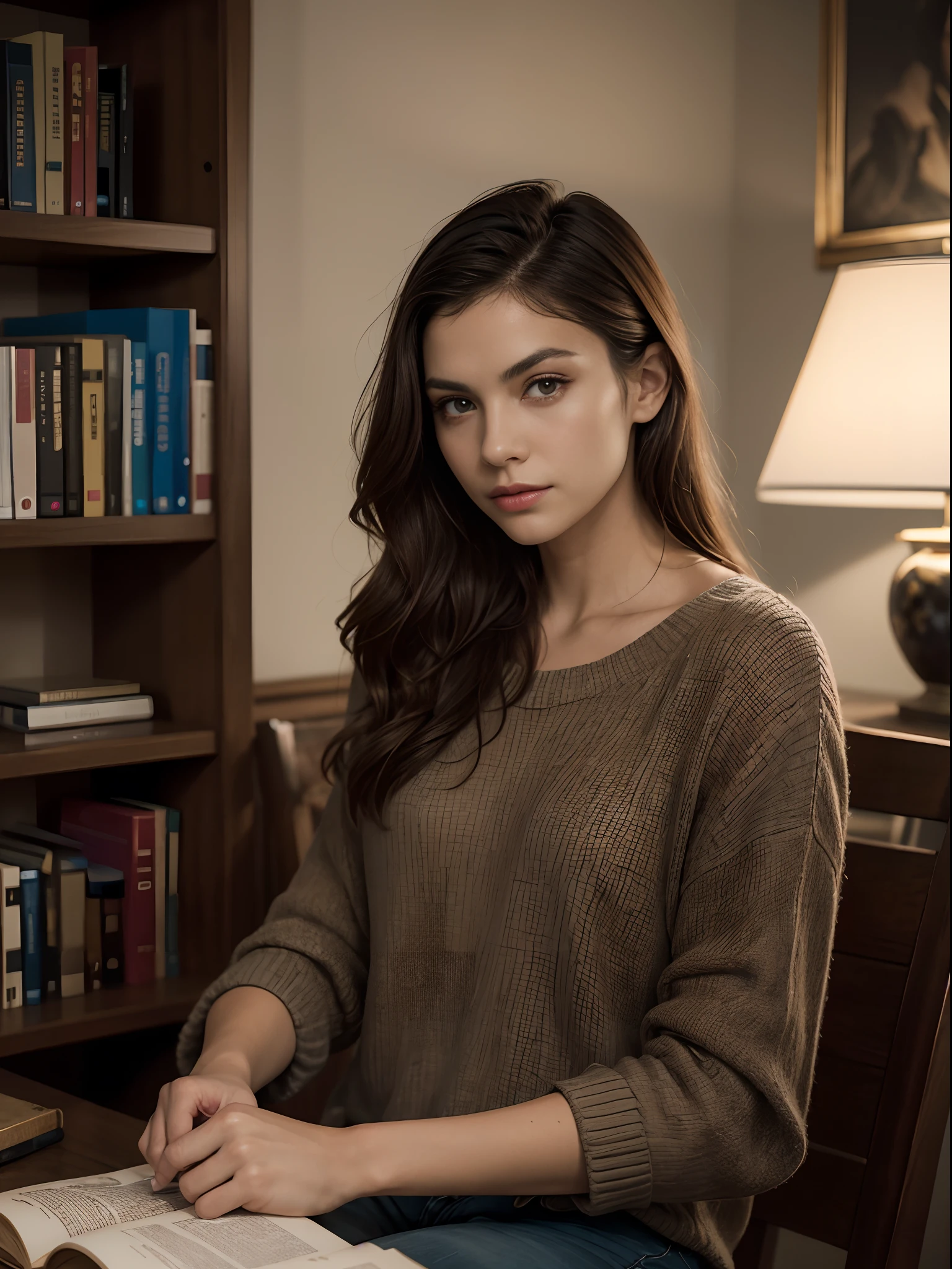 Photo of a man with 75 years, beautiful brunette ((Model)) Christian Pastor, Looking forward seated, Light brown eyes, wavy hair, very imposing, feature of security and elegance, ((wearing palitó well ally)), (hypnotic), very detailed face, beautiful eyes, [in good shape],is holding a book apparently is a bible and behind a bookshelf, lovely,  (Rembrandt Lighting), zeiss lens, ultra realistic, (highly detailed skin: 1.2), 8k uhd, dslr, Dramatic Rim light, high quality, Fujifilm XT3,