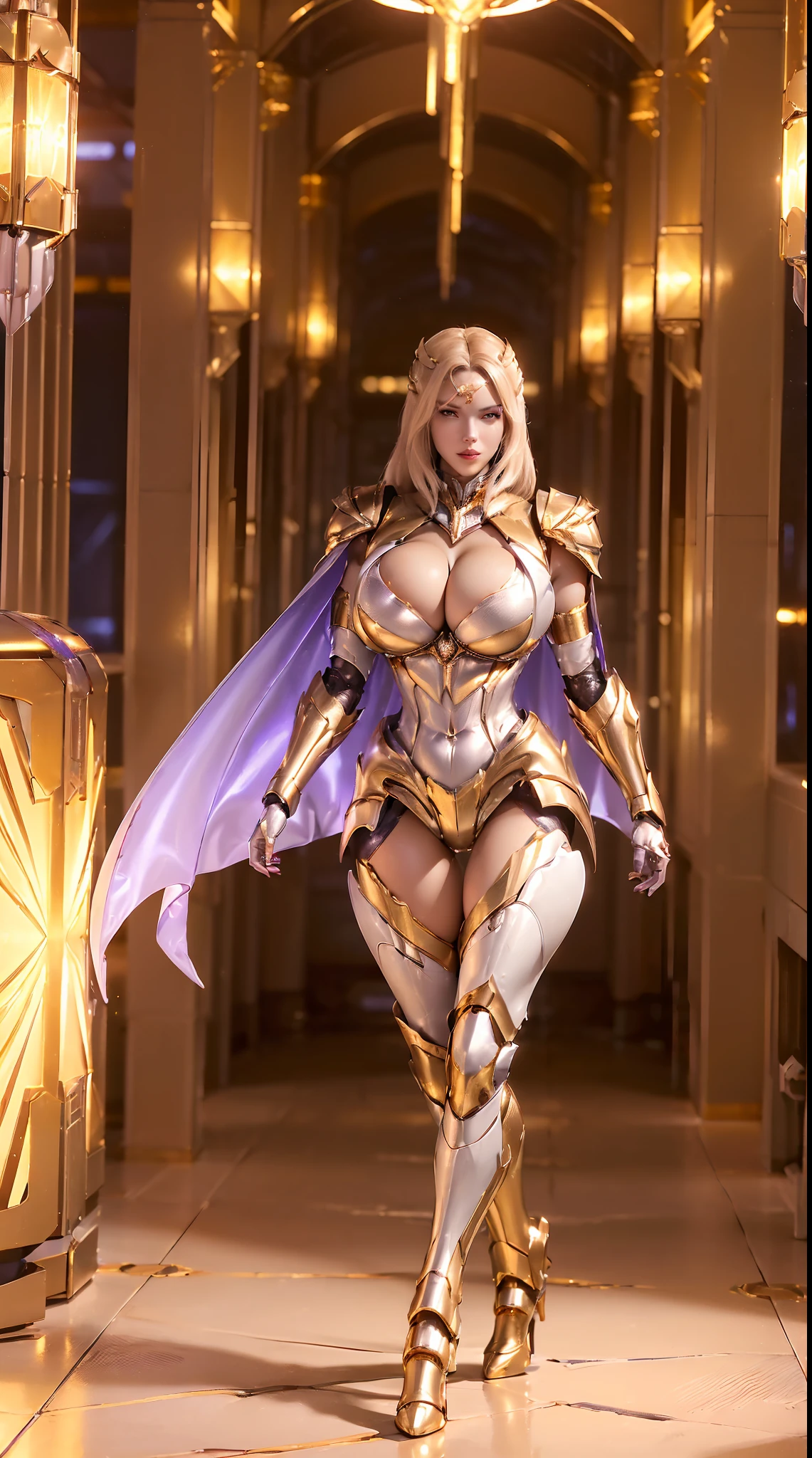 (1GIRL, SOLO), (ssmile, makeup, beautifull eyes, red_libs, blond_hair), (dragon gold helmet:1.2), (BIG BUTTOCKS, HUGE BOOBS:1.4), (PHOENIX MECHA GUARD ARM, GLOVES:1.3), (white,purple,gold, MECHA CYBER SHINY ARMORED SUIT, ROYAL CAPE, CLEAVAGE, MECHA SKINTIGHT HOTPANTS, GUARD ARMOR LEGS, HIGH HEELS:1.4), (MUSCULAR BODY, SEXY LONG LEGS, FULL BODY:1.5), (MUSCLE ABS:1.2), (LOOKING AT VIEWER:1.3), (WALKING DOWN HALLWAY OF FUTURISTIC SPACE STATION, BRIGHT LIGHTING IN THE ROOM:1.3), PHYSICALLY-BASED RENDERING, ULTRA HIGHT DEFINITION, 16K, 1080P.