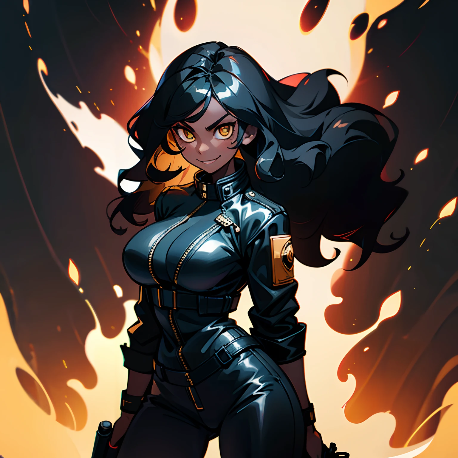 ((solo character)), ung adult woman, cocky smile, shiny golden eyes, big breasts, strong body, ((black woman)), ((black skin)), open black leather jacket, black wavy hair, fire background