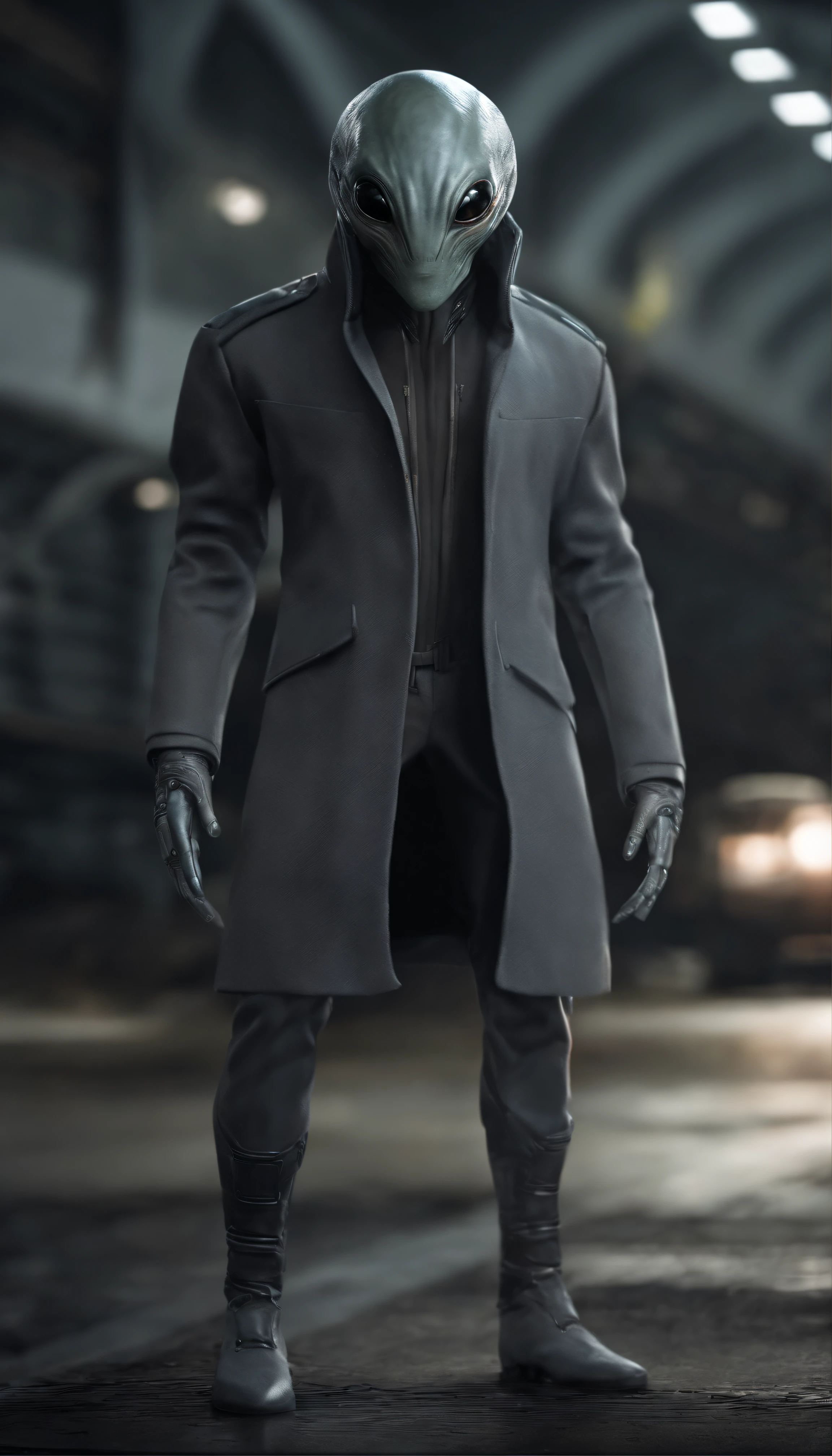 gray alien wearing gray jacket, zeta culili, standing, high resolution, ultra realistic