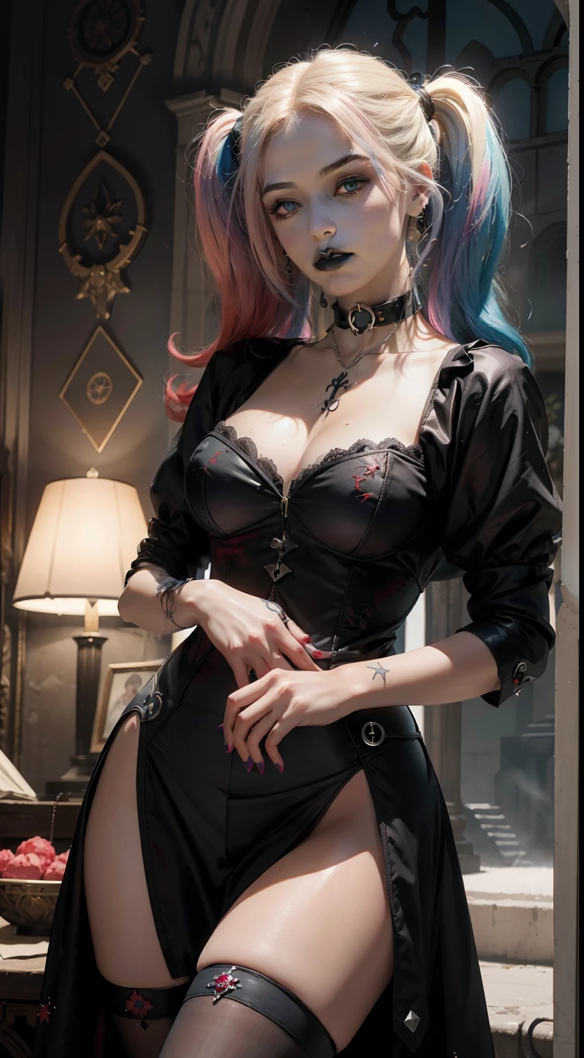 (((Arlequina))),cabelo com mechas rosa e azul ao estilo harley Quinn, (cabelo mecha cor rosa a esquerda e mecha cor azul a direita ao estilo harley Quinn), maquiagem de sombra no olho ao estiloharleyQuinn, sombra vermelha no olho esquerdo, maquiagem de sombra azul no olho direito, Arte Oficial, Unity 8k papel de parede, ultra-detalhado, Beautiful, Beautiful, ((New Gothic Gal:1.4)), master part, best quality, Escuro, Atmospheric, mistic, Romantic, assustador, Literatura, arte, moda, victory, decoration, intrincado, renda, contemplation, profundidade emocional, sobrenatural, 1 girl, sozinho, quadril