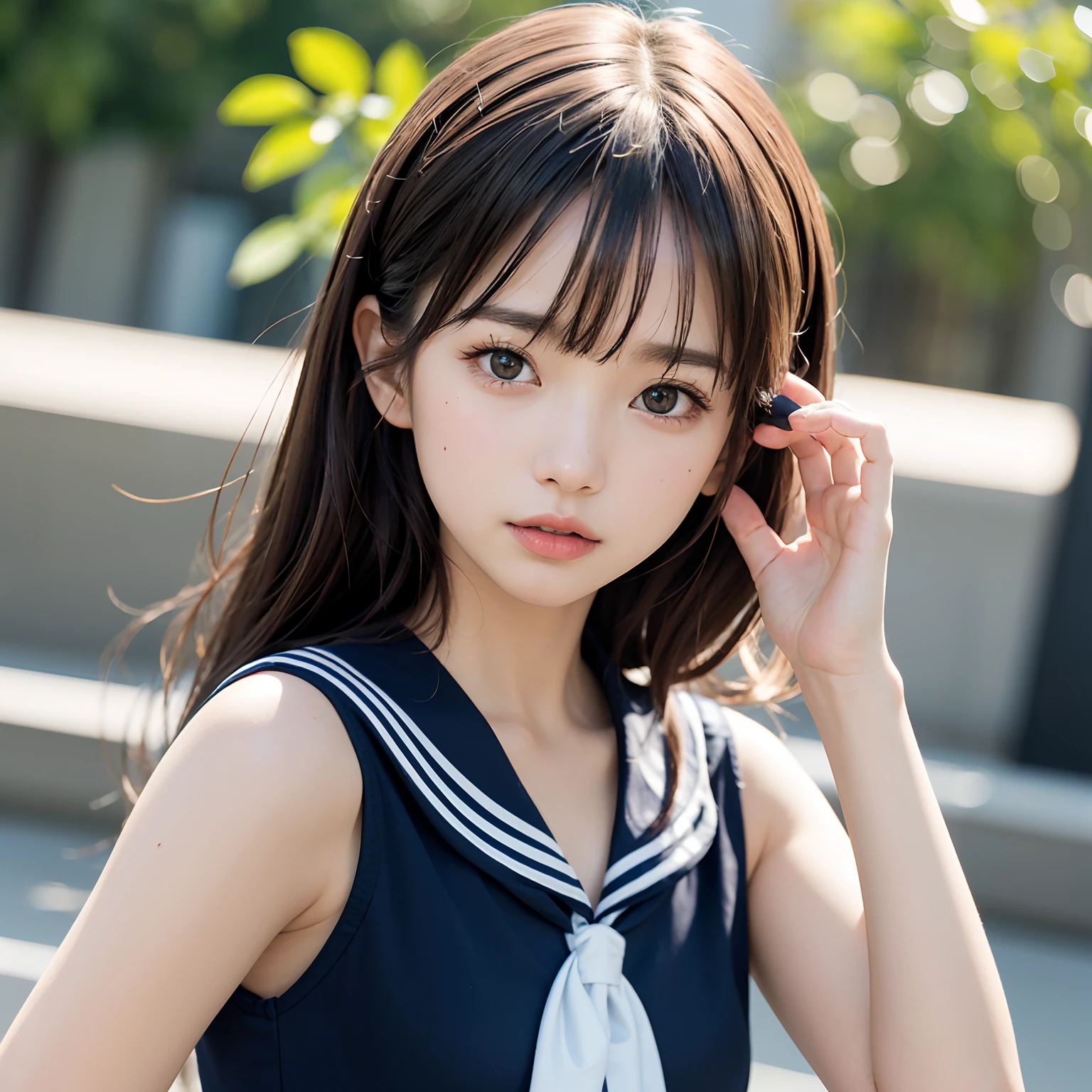 (professional portrait、professional writing)、highest quality, (anatomically correct arm:1.3), Detailed workmanship、high resolution、(8K, High resolution:1.2)、(RAW photo, photorealistic:1.3)、masterpiece、slender body shape、high definition face、Face is in focus、high definition eyes、(Focused, symmetrical pupils:1.2)、High-definition and beautiful skin、firm skin、natural makeup、gross lip, High-definition hair texture、 Japanese high school girl、17 years old、(sailor suit:1.3), (lying down on one’s back:1.3), (hugging own chest by arms:1.3), very cute, (very embarrassed:1.2), (blush:1.1), (afraid:1.3), (Glaring at the camera:1.3)、(shot from above), nsfw, open mouth:1.2、beautiful thighs
