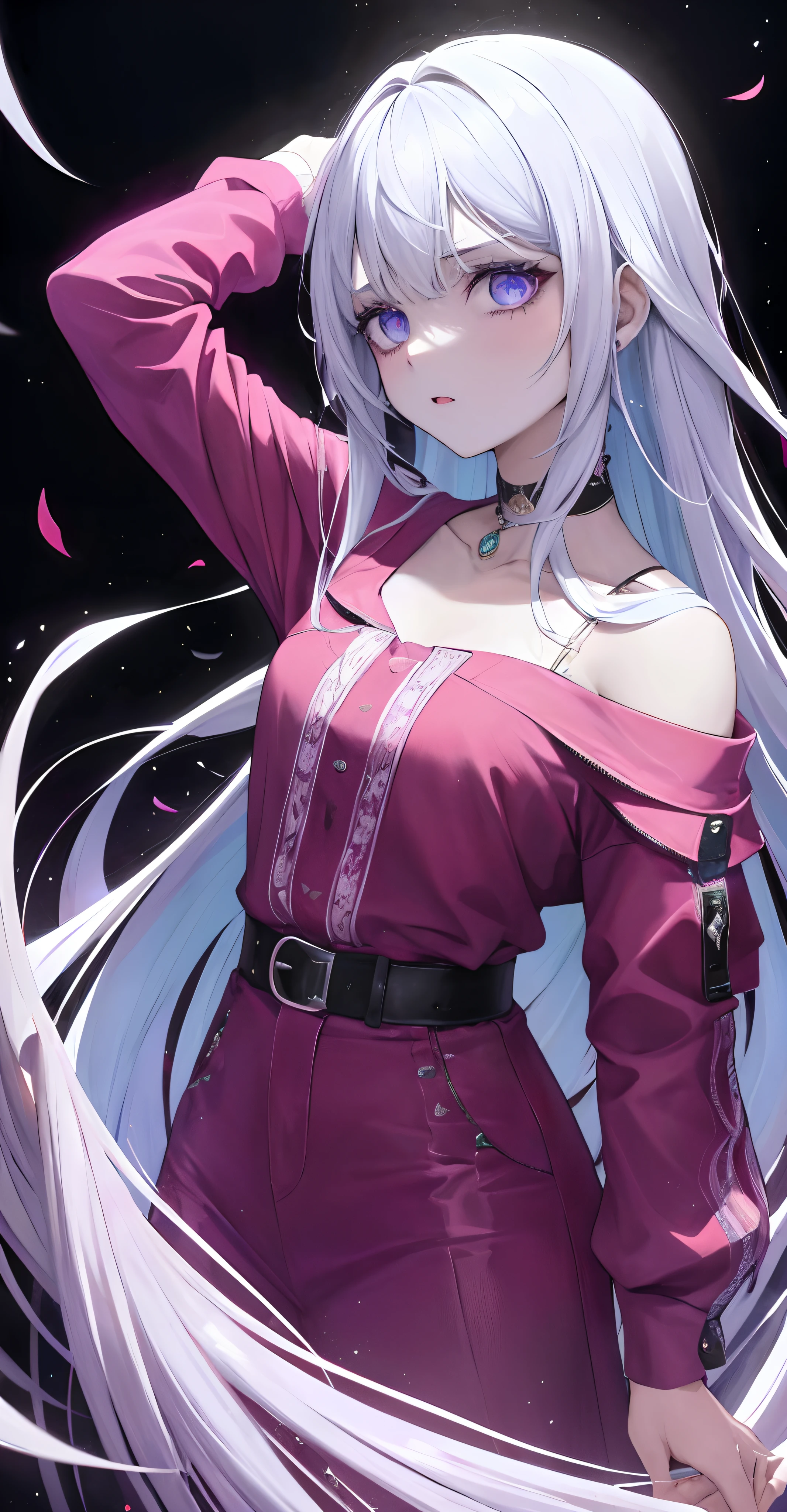 (higher resolution, imagen_distinta) La mejor calidad, la obra maestra de una mujer, muy detallada, semi realista (la mayor parte del cuerpo), cabello largo y rosado, flequillo, 18yr old, joven, ajuste negro, Purple Pink Flight Suit, camisa con cuello alzado, Cara afilada, (ojos marrones, cabello entre ojos), abrigo largo fluorescente (vidrio roto), (fondo blanco liso), chill, serio, autoritario, poderoso, (pintura de pie), (rasgos faciales exquisitos, rasgos faciales exquisitos), zombies, mounstros, Horror cosmic, miedo, Bled,ojos rojos, ojos brillantes pupilas circulares,