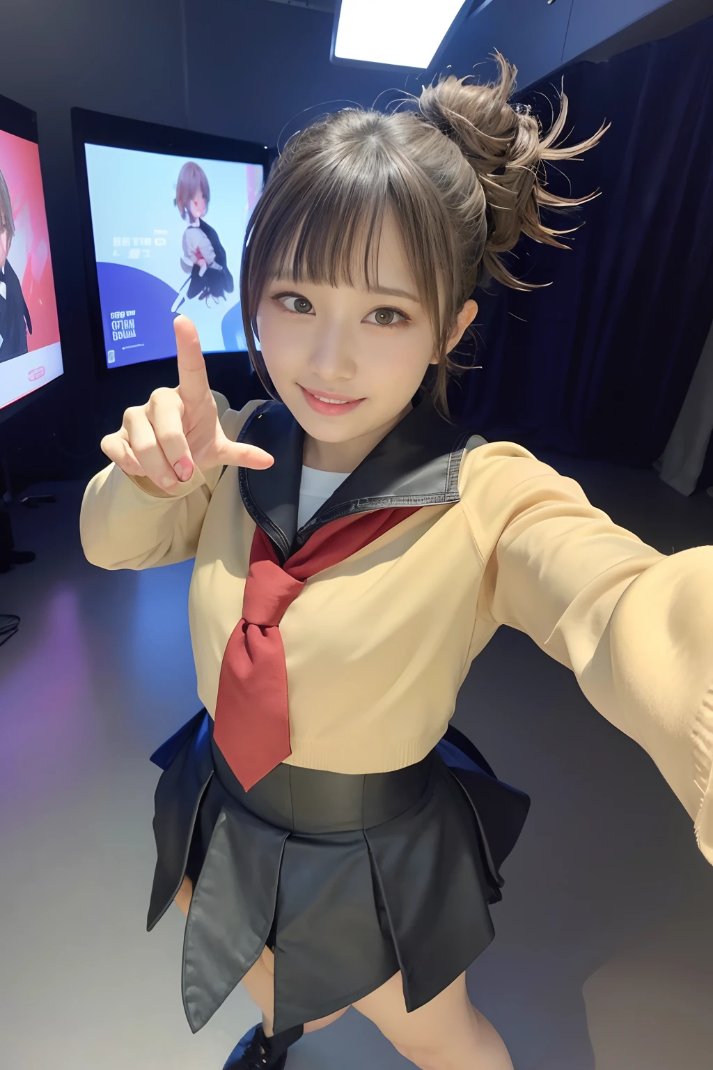 ((a blond、Himiko Toga、Dark eye shadow、Dark eyeliner、Patsun、Twin-tailed、Bun head、tthin eyebrows、Crazy smile、red blush、double tooth、Yellow Colorcon、Office Lady、Black Recruit Suit、white shirt、Black tight skirt、Black stockings、high-heels))、、The FW、8K、Raw photography:1.2、(top-quality:1.4、hight resolution:1.4、masterpiece:1.4)、Best Illustration、hyper realisitic:1.4、1girl in、realisitic、The ultra-detailliert、Photorealsitic:1.4、incredibly absurdness、ulzzang -6500-v1.1:0.33、Beautiful_mistake-6500:0.66、pureerosface_v1:0.5、a closeup、Floating hair、Soft light、Cinema Lights、Film grain、full body Esbian、depth of fields、blurry backround、bokeh dof:1.4、eyes focus、POV、85mmレンズ、F/1.4、professionally lit、lensflare、Luminous particles:0.6、Professional Writing、portlate:0.6、Photon mapping、Radio City、physically-based renderingt、Transparency、a japanese girl、sexual excitement:1.5、Lifelike face、Realistic body、real looking skin、huge-breasted:1.3、well-styled、camel's toe、light skinned:1.1、(Floating Hair Novafrog Style、Hairstyles tailored to Japan trends in 2023、A dark-haired、cute little:1.5)