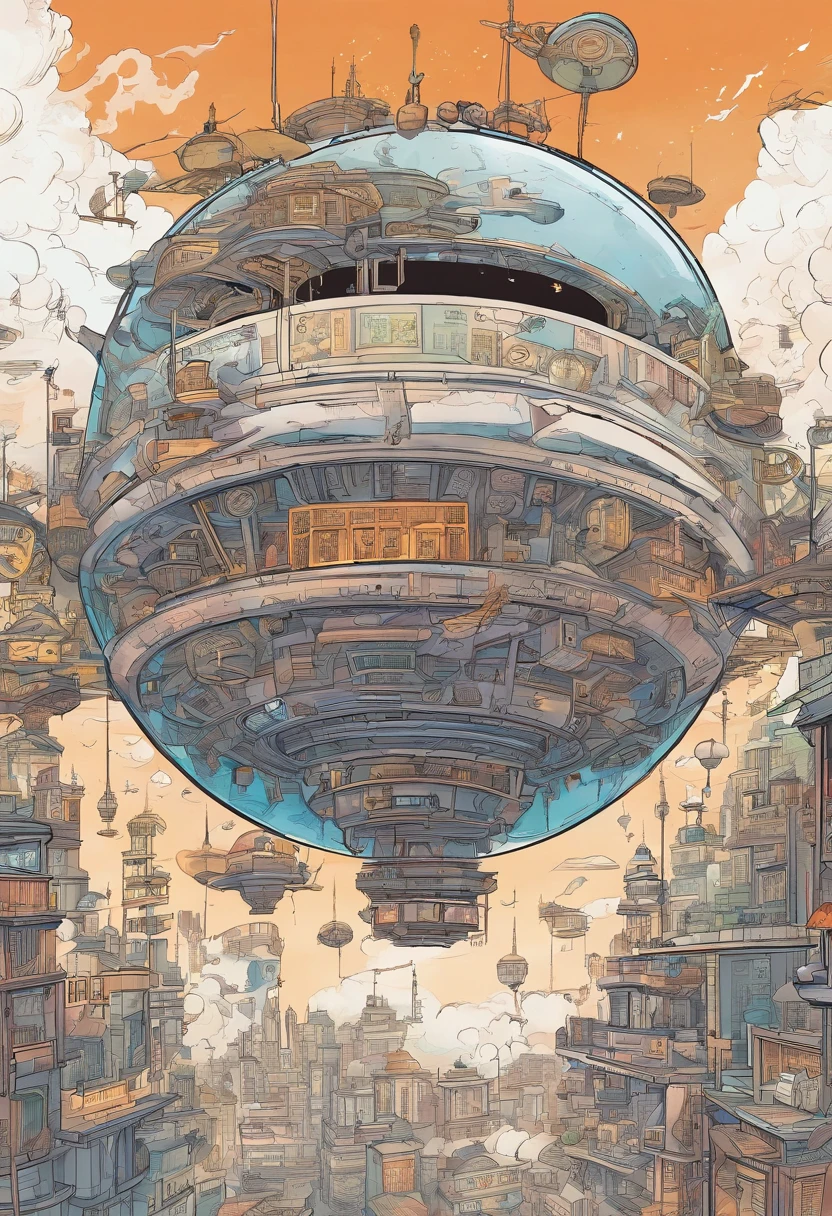 Chinese ink style, Steampunk world, music studio in spaceship, Suspended in the air of the city, thick clouds, Animation art in ink, Comic ink art, Water ink, ink, stain, 8k, Delicately portrayed, Works by maestros ,