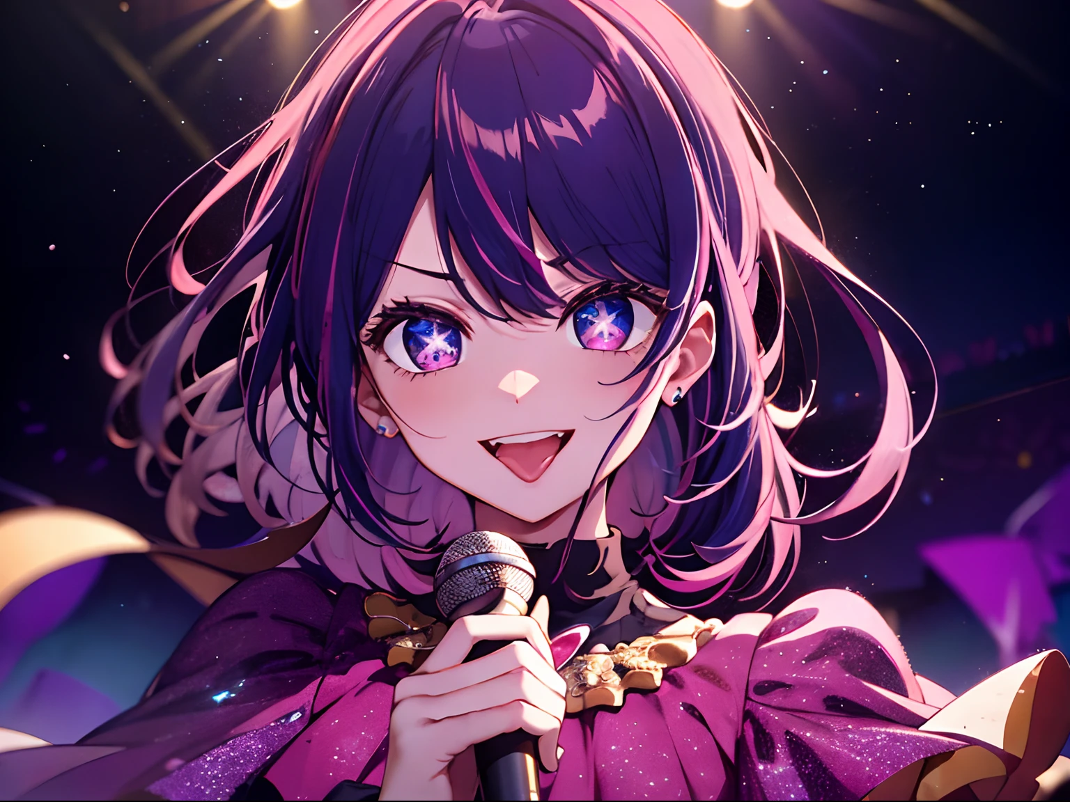 "Masterpiece, Intricate details, Vibrant colors, (1 girl: 1.2), Charming idol,Striking purple hair and charming smile, Wear a charming pink dress decorated with stars, Charming starry eyes, Perform on a dazzling stage, Dance gracefully with a microphone, The audience cheered her on off stage,With seductive playfulness and a hint of tongue sticking out, in stunning 8K resolution."