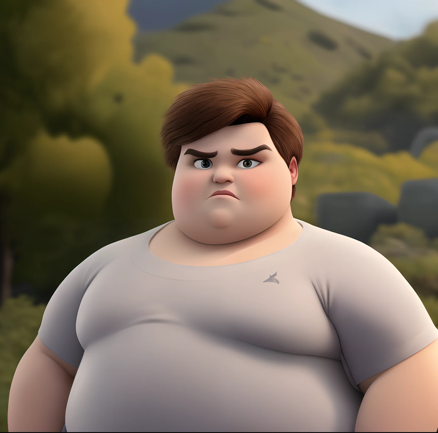 Disney Pixar Style. White Skin. Short Brown Hair teenage boy. Overweight. Fat.