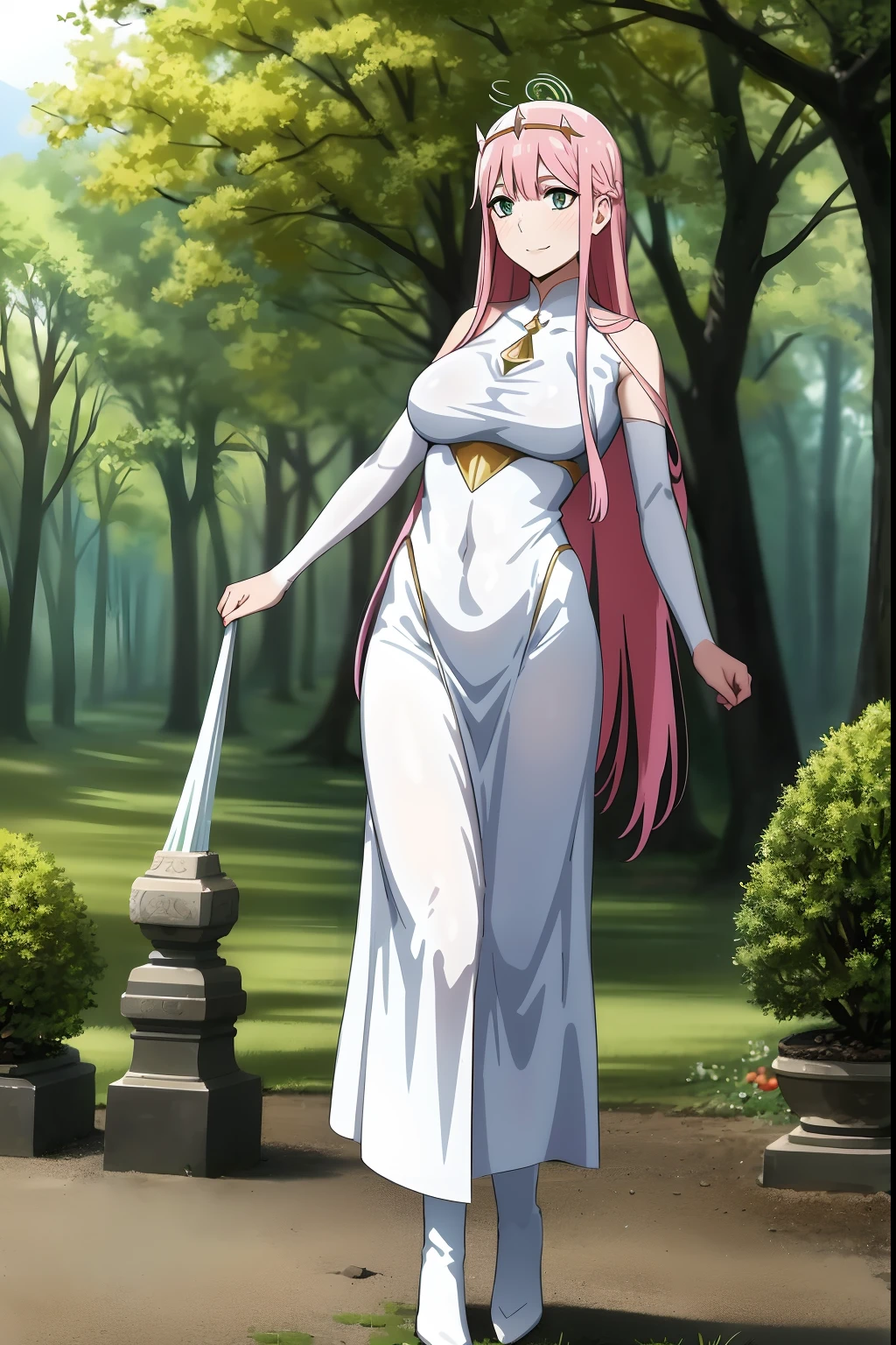 Zero Two, dress, sun halo, holy, smile, medium breast, priestess, full body, walking, divine aura, sun halo, solar halo, long skirt, porcelain skin, ethereal, graceful movement, flowing golden hair, radiant beauty, enchanting gaze, serene expression, soft sunlight, angelic presence, celestial atmosphere, mystical background, celestial light, glowing halo, gentle breeze, ethereal glow, captivating aura, divine radiance, natural beauty, sublime elegance, heavenly charm, peaceful countenance, harmonious surroundings, ethereal grace, mesmerizing presence, transcendent allure, magical serenity, serene and majestic, radiant happiness, heavenly enchantment, delicate features, elegant posture, celestial maiden, otherworldly presence, serene and ethereal, divine embodiment, celestial being, spiritual tranquility, mesmerizing beauty, ethereal goddess, radiant purity. Preparing SeaArt Bot Txt2Img Default 21:19:45, green eyes, white robe, large skirt, long skirt, longeyelashes, solid circle eyes, light smile, ear blush, fang, Surrealism, drop shadow, anaglyph, stereogram, tachi-e, pov, atmospheric perspective, 8k, super detail, ccurate, best quality, best quality, high quality, super detail, anatomically correct, retina, UHD, masterpiece, high details, award winning, highres, textured skin, ccurate, venus body,medieval clothing, dark atmosphere, ornate details, dim lighting, dramatic shadows, mysterious aura, intricate lace patterns, porcelain skin, bewitching gaze, elegant posture, majestic presence, flowing silhouette, gothic architecture, candlelit hauntingly beautiful, enchanting presence, ethereal ambiance, alluring expression, intense sensuality, exquisite jewelry, supernatural allure, captivating aura, sensual curves, full body, boots, happy, smile, boots, standing pose, black cape