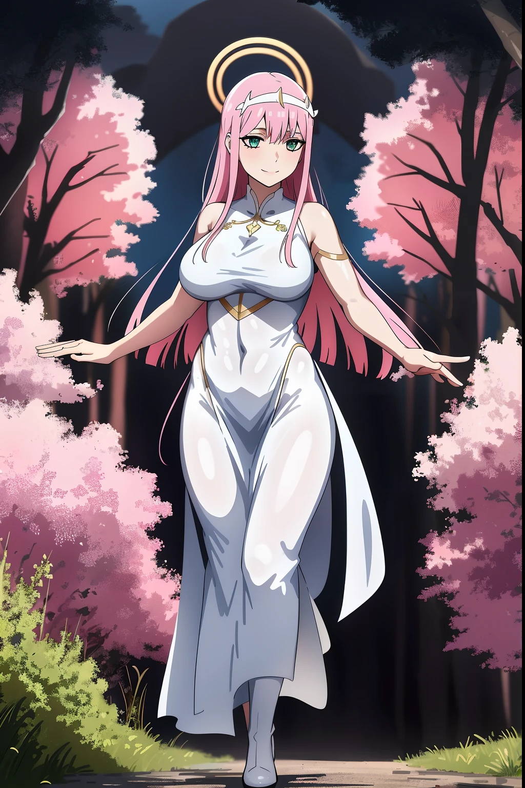 Zero Two, dress, sun halo, holy, smile, medium breast, priestess, full body, walking, divine aura, sun halo, solar halo, long skirt, porcelain skin, ethereal, graceful movement, flowing golden hair, radiant beauty, enchanting gaze, serene expression, soft sunlight, angelic presence, celestial atmosphere, mystical background, celestial light, glowing halo, gentle breeze, ethereal glow, captivating aura, divine radiance, natural beauty, sublime elegance, heavenly charm, peaceful countenance, harmonious surroundings, ethereal grace, mesmerizing presence, transcendent allure, magical serenity, serene and majestic, radiant happiness, heavenly enchantment, delicate features, elegant posture, celestial maiden, otherworldly presence, serene and ethereal, divine embodiment, celestial being, spiritual tranquility, mesmerizing beauty, ethereal goddess, radiant purity. Preparing SeaArt Bot Txt2Img Default 21:19:45, green eyes, white robe, large skirt, long skirt, longeyelashes, solid circle eyes, light smile, ear blush, fang, Surrealism, drop shadow, anaglyph, stereogram, tachi-e, pov, atmospheric perspective, 8k, super detail, ccurate, best quality, best quality, high quality, super detail, anatomically correct, retina, UHD, masterpiece, high details, award winning, highres, textured skin, ccurate, venus body,medieval clothing, dark atmosphere, ornate details, dim lighting, dramatic shadows, mysterious aura, intricate lace patterns, porcelain skin, bewitching gaze, elegant posture, majestic presence, flowing silhouette, gothic architecture, candlelit hauntingly beautiful, enchanting presence, ethereal ambiance, alluring expression, intense sensuality, exquisite jewelry, supernatural allure, captivating aura, sensual curves, full body, boots, happy, smile, boots, standing pose, black cape