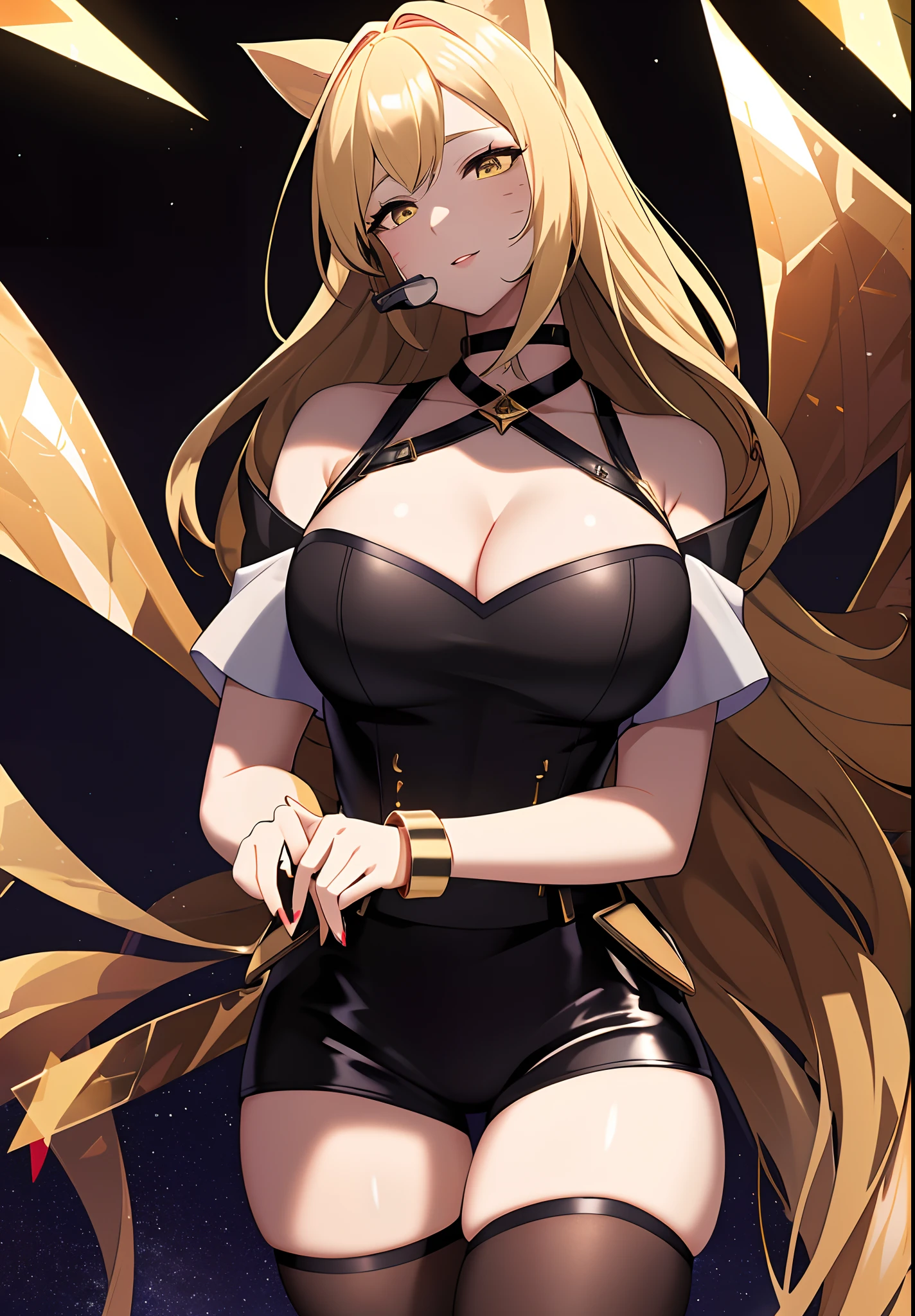 ((masterpiece)), (best quality:1.7), (detailed:1.4), (high res:1.4), 8k, (colorful:1.5), 2d, high resolution, sharped image, 4k, hd, kda_ahri_league, 1girl, (((solo))), (((blonde hair))), yellow eyes, long hair, upper body, cleavage, ((curvy body)), medium breasts, headset, choker, thighhighs, black thighhighs, animal ears, fox ears, jewelry, bare shoulder, short sleeves, white shirt, black short, facial marks, whisker markings, idol, jewelry, bracelet, black boots, ((idol)), night, ((stars)), moon,  city lights, ((modern street)), (((lights))),