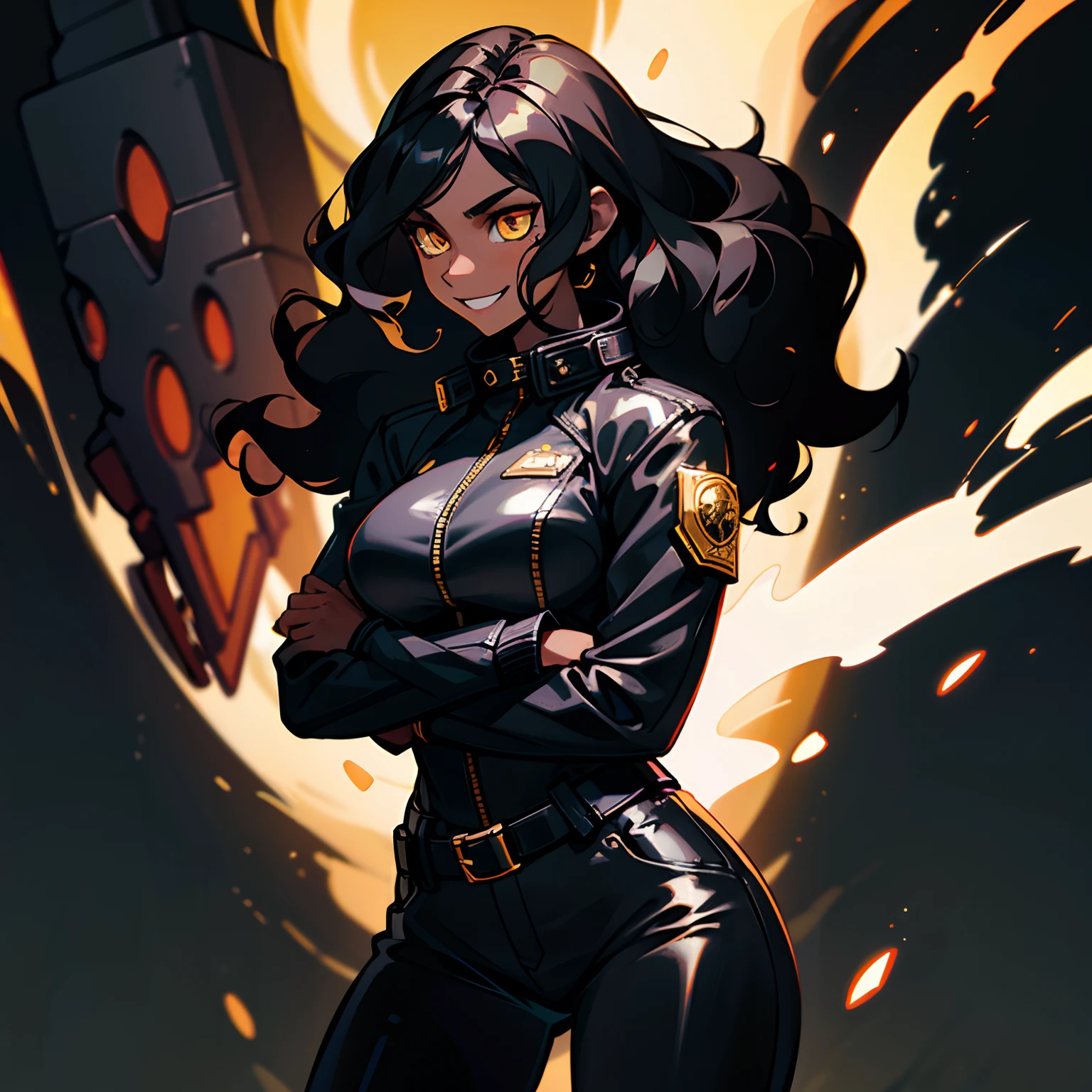 ((solo character)), 1 young adult woman, cocky smile, shiny golden eyes, big breasts, strong body, ((black woman)), ((black skin)), open black leather jacket, black wavy hair, fire background, half body view