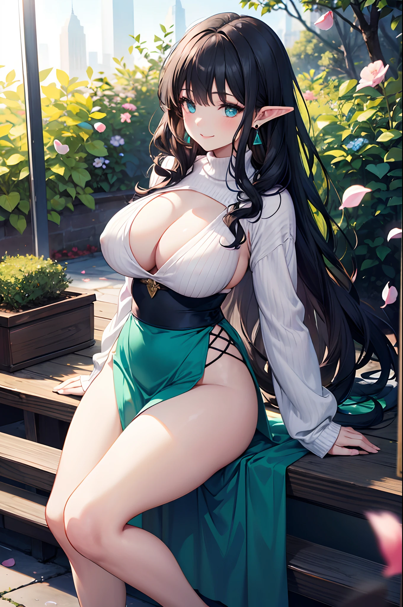 Realistic and detailed image of an elf dressed in a sweater without cleavage. She has long wavy black hair. Turquoise eyes. She has earrings, long eyelashes. She has , slim waist, wide  and thick thighs. She  legs raised and spread, smiling, face of pleasure. View of , arched back. There is a garden with flower petals falling around her.