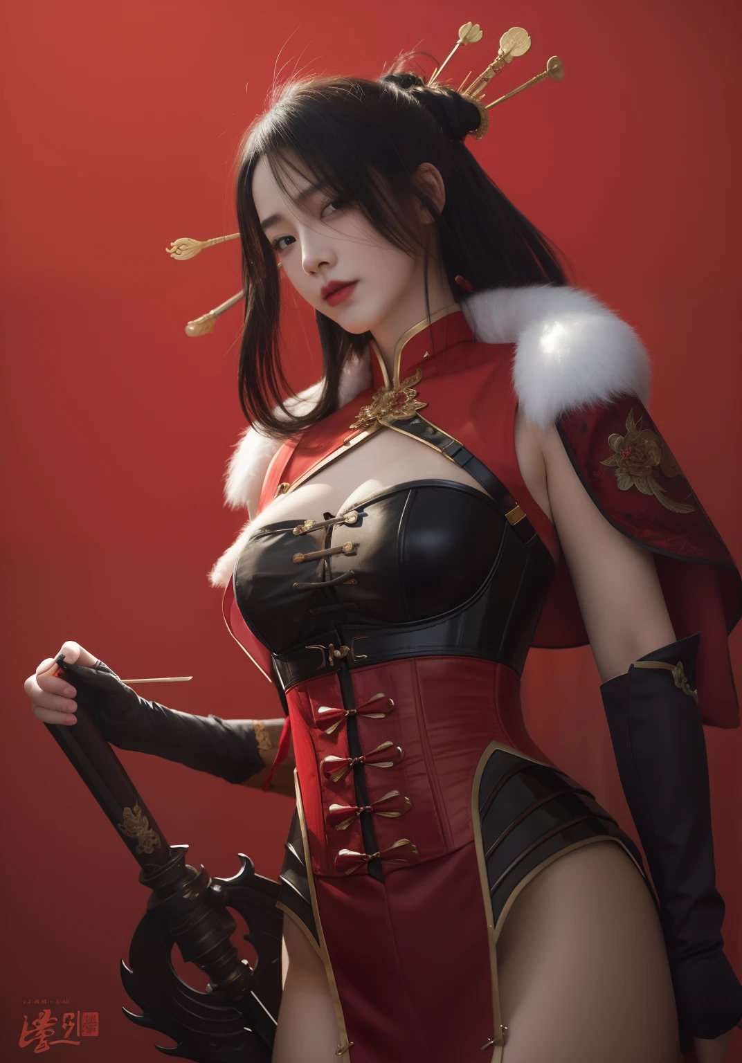 Realistic - style image of a woman dressed in a red corset and black gloves, by Yang J, extremely detailed artgerm, fanart best artstation, g liulian art style, chengwei pan on artstation, inspired by Fenghua Zhong, artgerm and ruan jia, ruan jia and artgerm, beautiful character painting, Beidou_Genshin