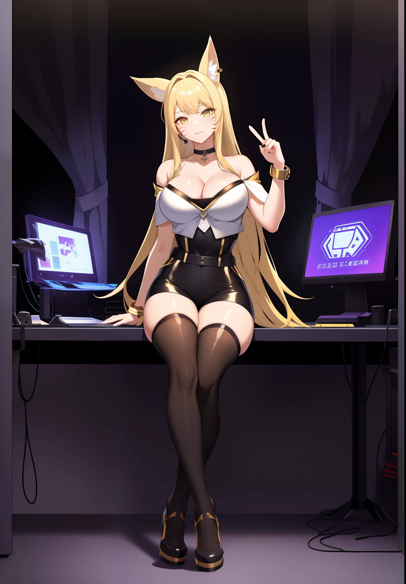 ((masterpiece)), (best quality:1.7), (detailed:1.4), (high res:1.4), 8k, (colorful:1.5), 2d, high resolution, sharped image, 4k, hd, kda_ahri_league, 1girl, (((solo))), (((blonde hair))), yellow eyes, long hair, full body, cleavage, ((curvy body)), kinky hair, curly hair, ((medium breasts:1.5)), headset, choker, thighhighs, black thighhighs, animal ears, fox ears, jewelry, bare shoulder, short sleeves, white shirt, black short, facial marks, whisker markings, idol, jewelry, bracelet, black boots, ((idol)), bedroom, computer, gaming computer, rgb lights, night, city, window, multiple rgb lights, neon, cyberpunk city, sitting, in front a computer, ((looking at computer)), ((peace symbol)),