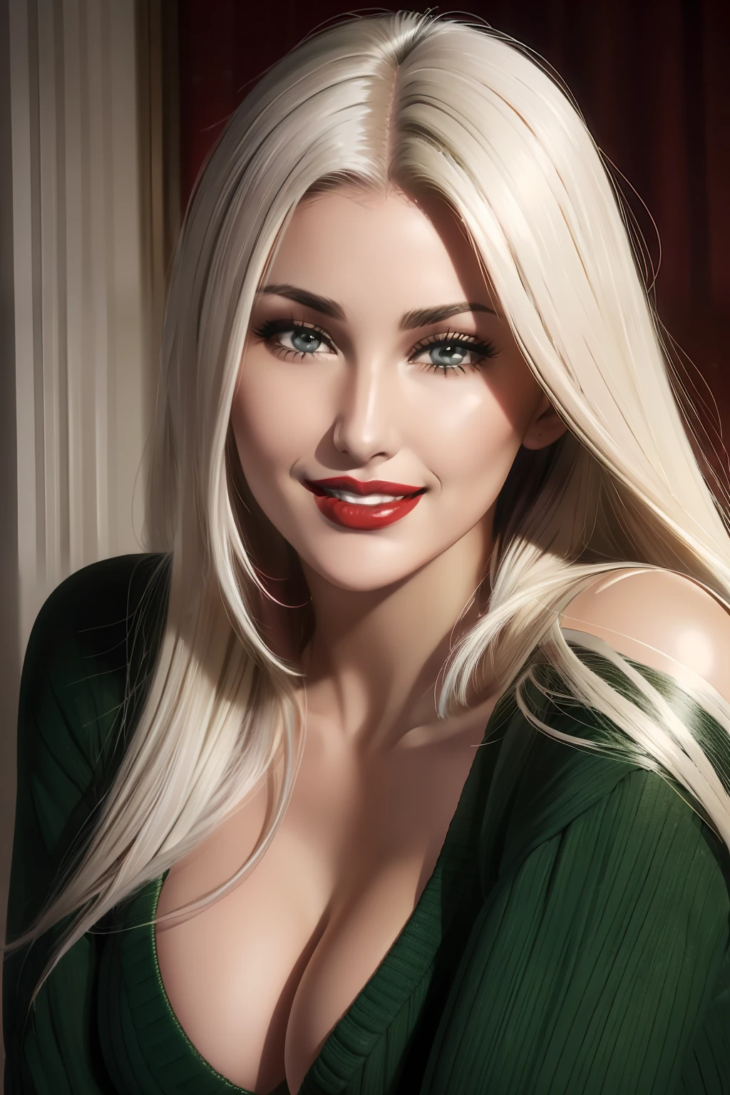 Lucy Pinder, Face portrait, face, , ((red lipstick)), smiling, straight hair, platinum hair, long hair, green sweater, very chubby woman
