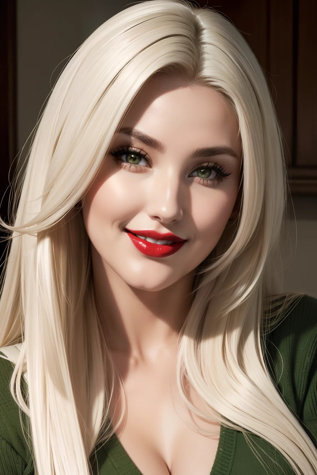 Lucy Pinder, Face portrait, face, , ((red lipstick)), smiling, straight hair, platinum hair, long hair, green sweater, very chubby woman