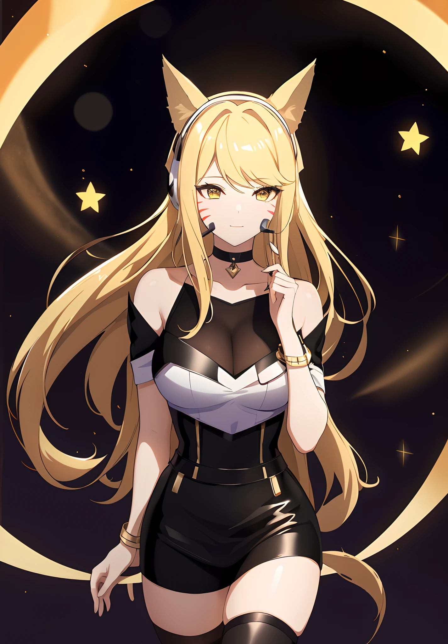 ((masterpiece)), (best quality:1.7), (detailed:1.4), (high res:1.4), 8k, (colorful:1.5), 2d, high resolution, sharped image, 4k, hd, kda_ahri_league, 1girl, (((solo))), (((blonde hair))), yellow eyes, long hair, upper body, cleavage, ((curvy body)), medium breasts, headset, choker, thighhighs, black thighhighs, animal ears, fox ears, jewelry, bare shoulder, short sleeves, white shirt, black short, facial marks, whisker markings, idol, jewelry, bracelet, black boots, ((idol)), night, ((stars)), moon,  city lights, ((modern street)), (((lights))),