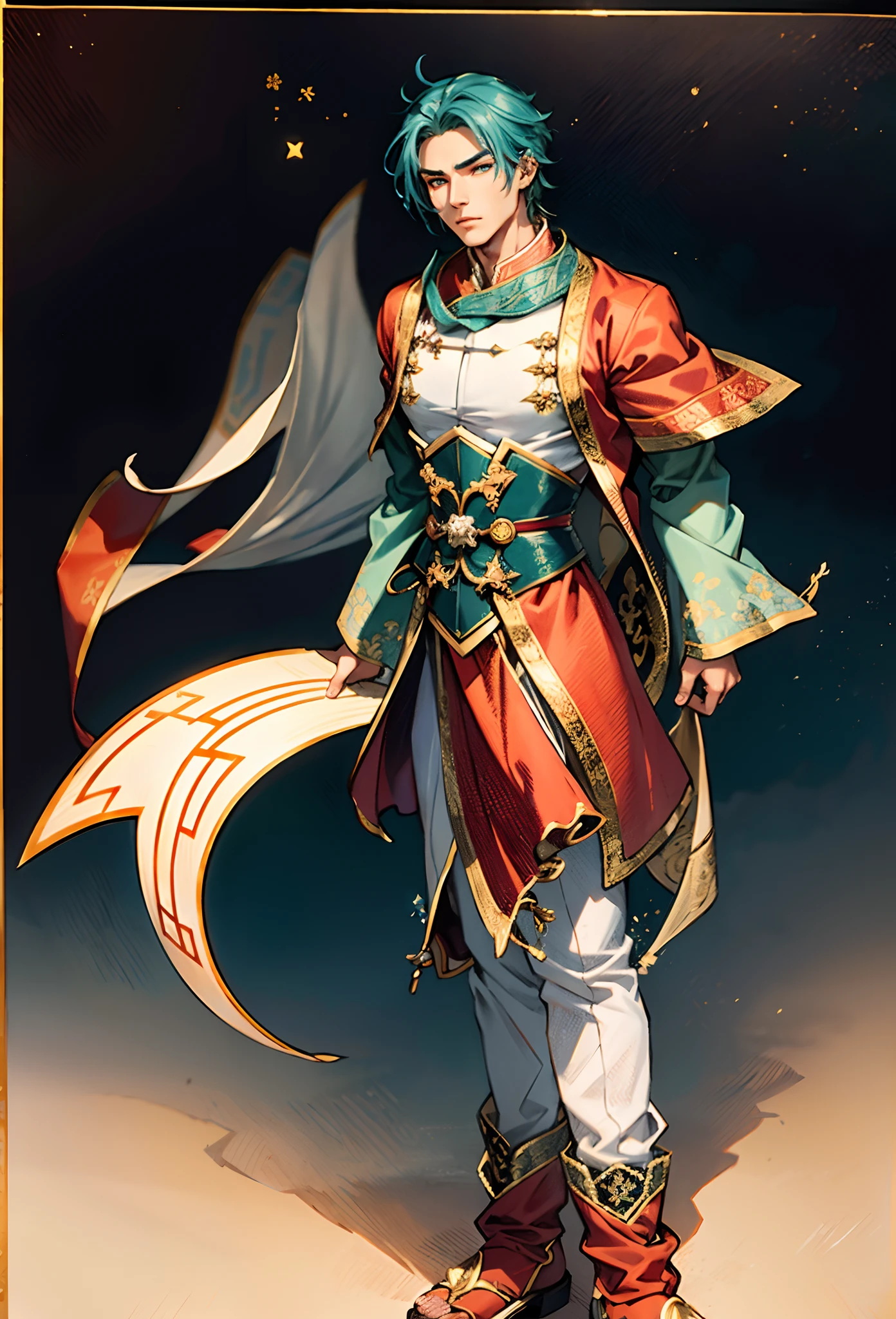 A young man with short aquamarine hair, sharp eyebrows, starry eyes, radiating a righteous aura, a two-piece fantasy wuxia-style outfit, featuring a traditional Chinese martial arts long gown, a wide overcoat, flowing sleeves, the color scheme is mainly red and white, with yellow as secondary colors, matching trousers, sturdy cloth boots, the background depicts a dreamy pattern of geometric symbols and stars, this character embodies a finely crafted fantasy-style Chinese martial hero in anime style, characterized by an exquisite and mature manga illustration art style, full body character drawing, high definition, best quality, highres, ultra-detailed, ultra-fine painting, extremely delicate, professional, anatomically correct, symmetrical face, extremely detailed eyes and face, high quality eyes, creativity, RAW photo, UHD, 8k, Natural light, cinematic lighting, masterpiece:1.5