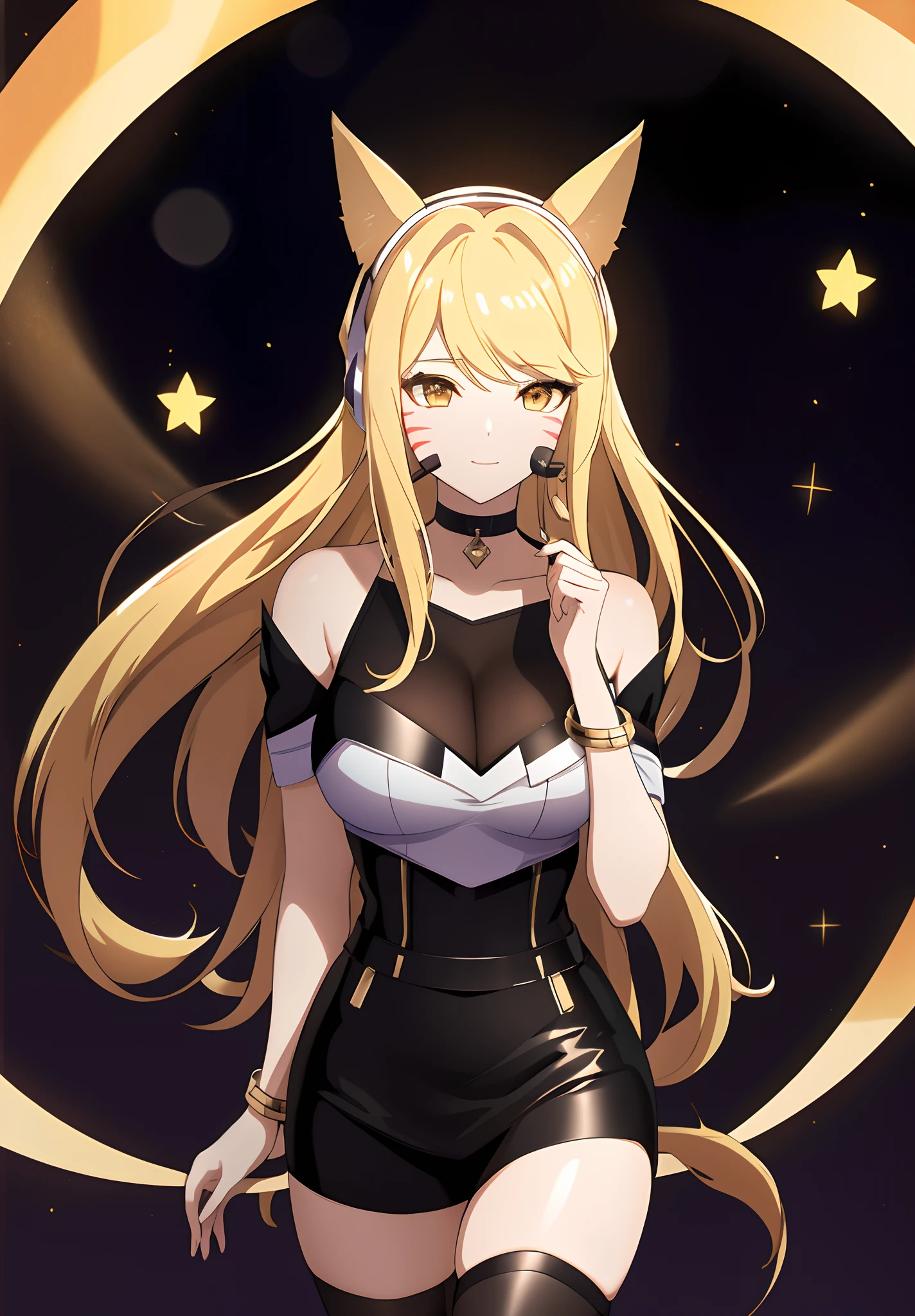 ((masterpiece)), (best quality:1.7), (detailed:1.4), (high res:1.4), 8k, (colorful:1.5), 2d, high resolution, sharped image, 4k, hd, kda_ahri_league, 1girl, (((solo))), (((blonde hair))), yellow eyes, long hair, upper body, cleavage, ((curvy body)), medium breasts, headset, choker, thighhighs, black thighhighs, animal ears, fox ears, jewelry, bare shoulder, short sleeves, white shirt, black short, facial marks, whisker markings, idol, jewelry, bracelet, black boots, ((idol)), night, ((stars)), moon,  city lights, ((modern street)), (((lights))),