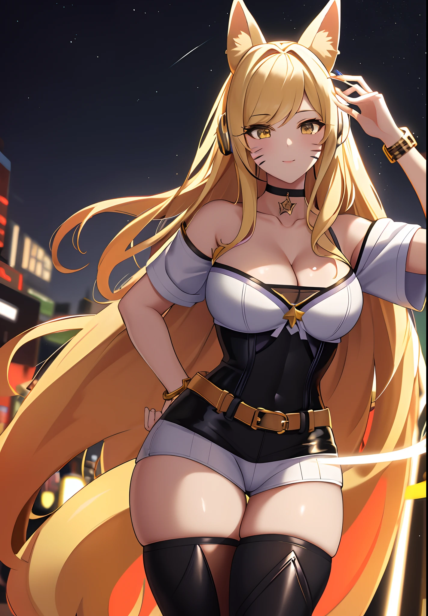 ((masterpiece)), (best quality:1.7), (detailed:1.4), (high res:1.4), 8k, (colorful:1.5), 2d, high resolution, sharped image, 4k, hd, kda_ahri_league, 1girl, (((solo))), (((blonde hair))), yellow eyes, long hair, upper body, cleavage, ((curvy body)), medium breasts, headset, choker, thighhighs, black thighhighs, animal ears, fox ears, jewelry, bare shoulder, short sleeves, white shirt, black short, facial marks, whisker markings, idol, jewelry, bracelet, black boots, ((idol)), night, ((stars)), moon,  city lights, ((modern street)), (((lights))),