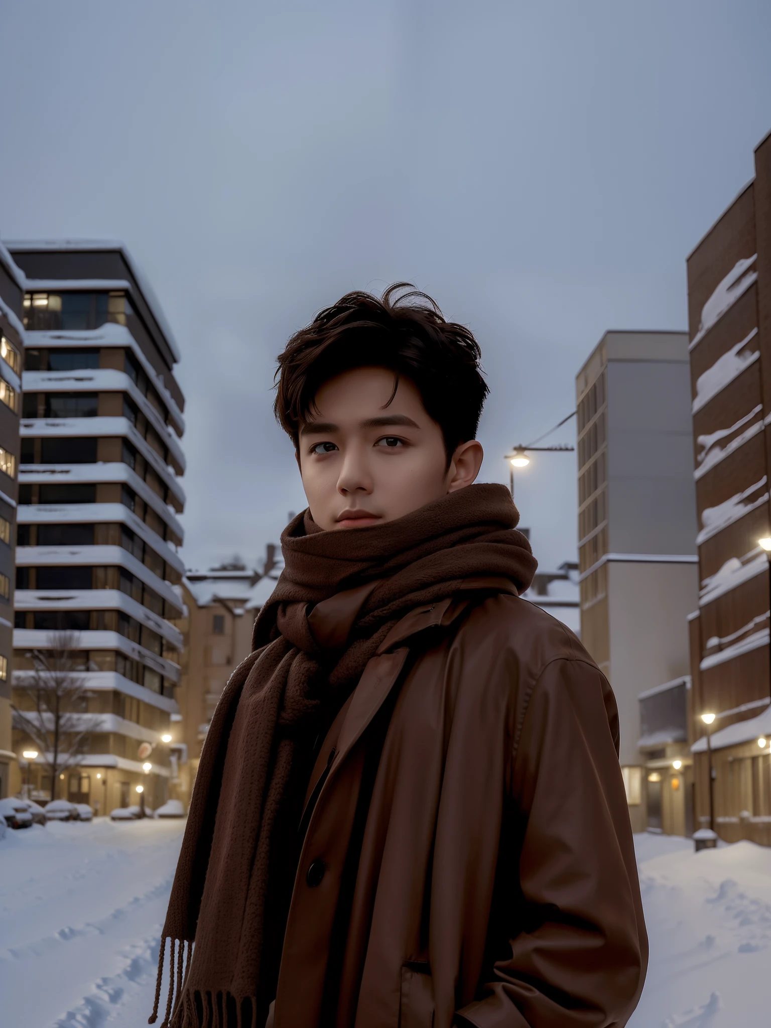 best quality, masterpiece, (photorealistic:1.4), 1boy, solo, short hair, big eyes, brown coat,scarf,  ((upper body:1.3)), dramatic lighting, looking at viewer, standing, outdoors, snow, cityscape, streets, buildings,