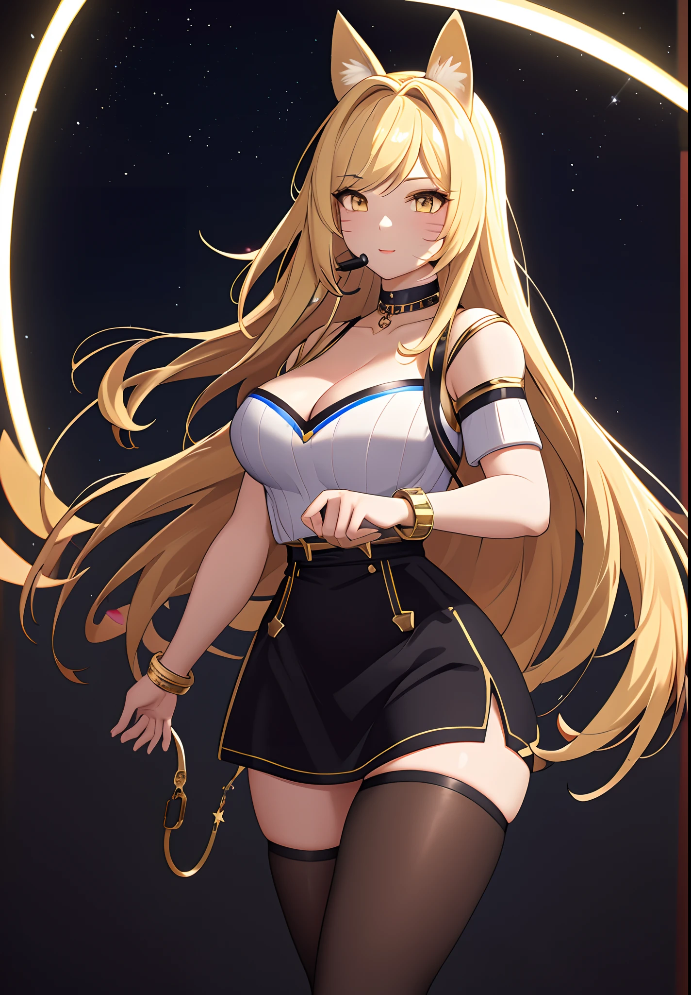 ((masterpiece)), (best quality:1.7), (detailed:1.4), (high res:1.4), 8k, (colorful:1.5), 2d, high resolution, sharped image, 4k, hd, kda_ahri_league, 1girl, (((solo))), (((blonde hair))), yellow eyes, long hair, upper body, cleavage, ((curvy body)), medium breasts, headset, choker, thighhighs, black thighhighs, animal ears, fox ears, jewelry, bare shoulder, short sleeves, white shirt, black short, facial marks, whisker markings, idol, jewelry, bracelet, black boots, ((idol)), night, ((stars)), moon,  city lights, ((modern street)), (((lights))),