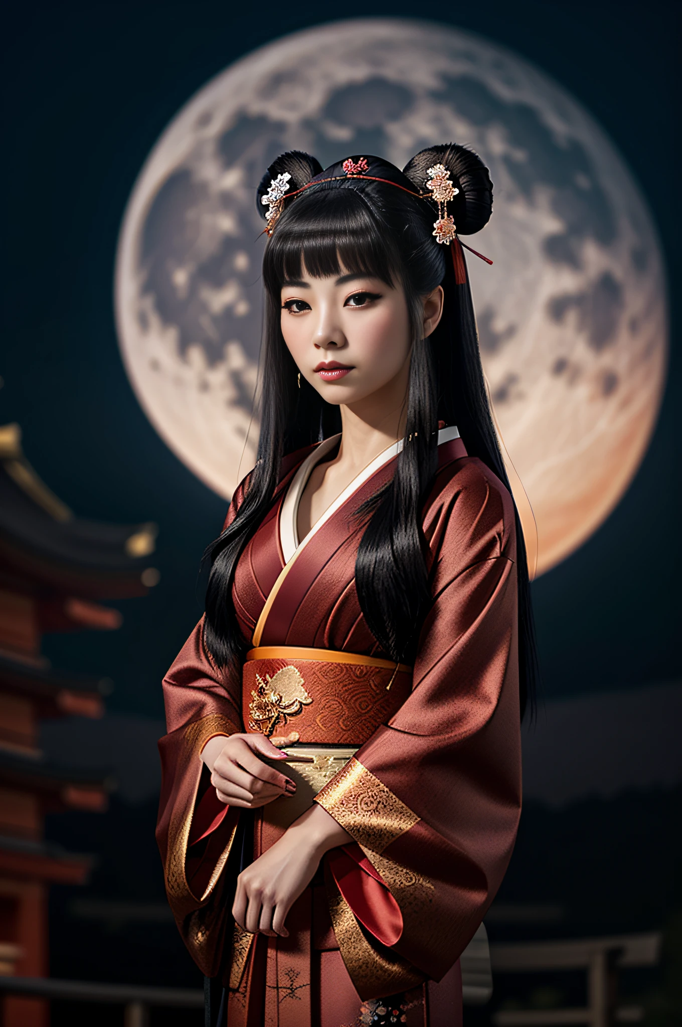 anime girl with long black hair and red kimono, in front of a full red moon, in a dark night sky, a beautiful kitsune woman, portrait of a beautiful geisha, onmyoji portrait, Japanese goddess, a beautiful art illustration, portrait of geisha, portrait of mulan, in digital illustration style, female geisha, beautiful character painting, beauty geisha.