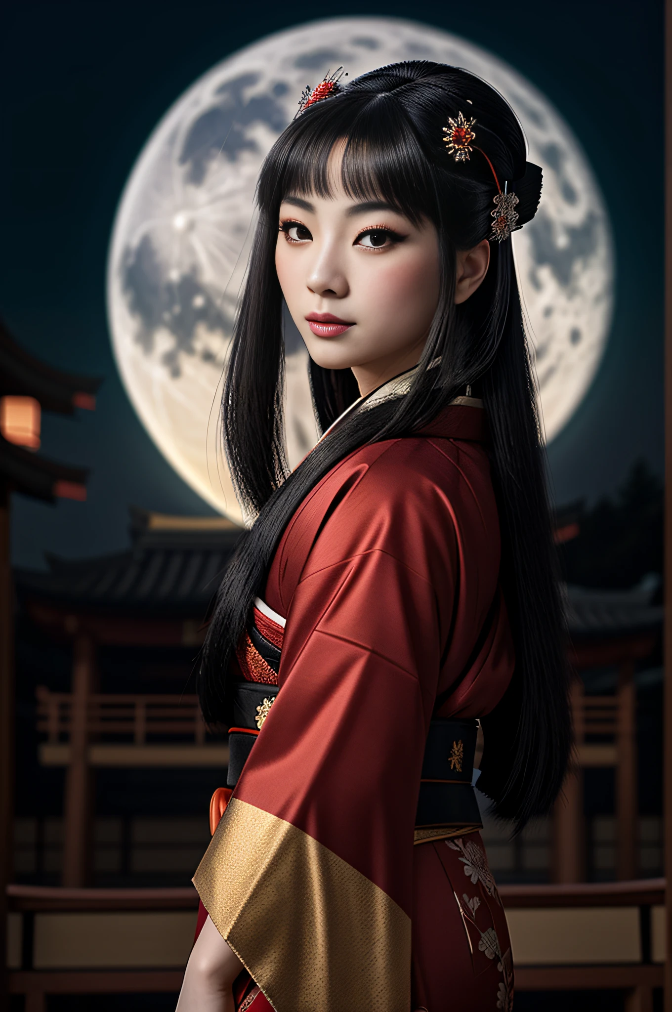 anime girl with long black hair and red kimono, in front of a full red moon, in a dark night sky, a beautiful kitsune woman, portrait of a beautiful geisha, onmyoji portrait, Japanese goddess, a beautiful art illustration, portrait of geisha, portrait of mulan, in digital illustration style, female geisha, beautiful character painting, beauty geisha.
