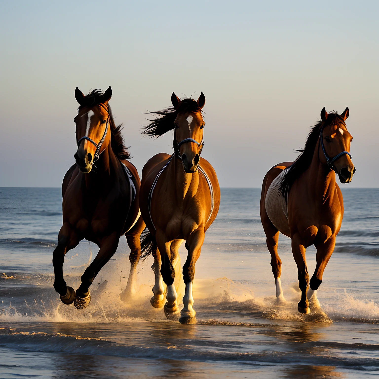 "A realistic photograph at dawn showing a group of wild horses galloping along the edge of a deserted beach, com as ondas calmas tocando suavemente a areia. Os cavalos, com suas crinas voando ao vento, exhibit a sense of freedom and vigor as they run together. A luz suave do sol nascente cria um brilho dourado sobre a cena, destacando as silhuetas dos cavalos contra o horizonte claro."