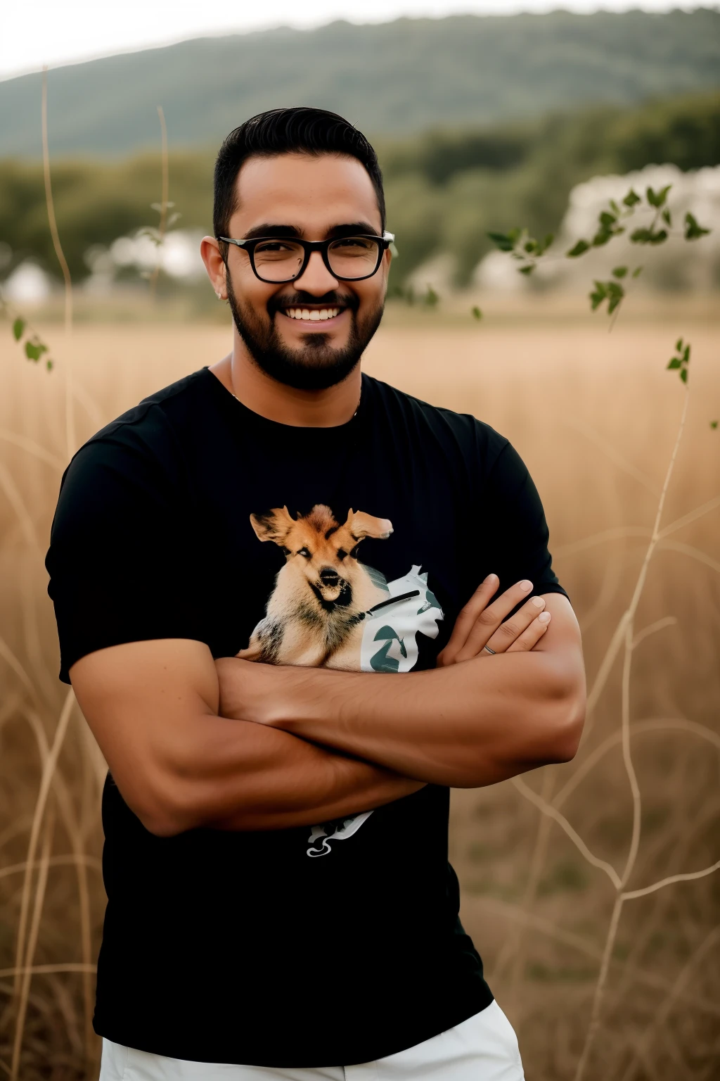 Man with glasses and black shirt standing in a field, inspirado em Francis Souza, david rios ferreira, icaro carvalho, inspirado em Nathan Oliveira, daniel mirante, andres rios, imagem do avatar, Emad Mostaque, Directed by: Nandor Soldier, inspired by Aníbal Villacís, caio santos