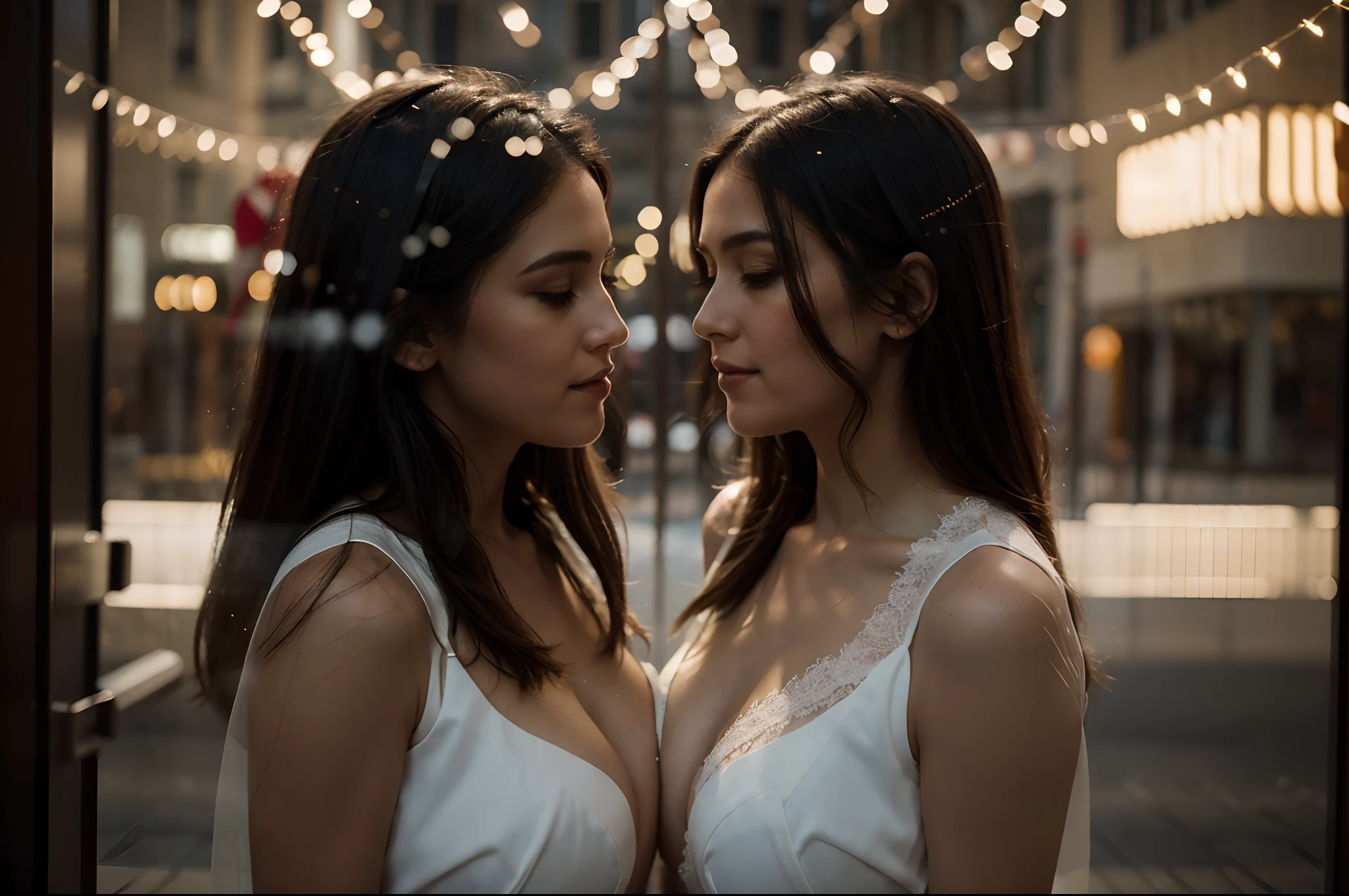 Create a compelling double exposure photograph that seamlessly merges the presence of a woman and the wonders of Christmas. Capture the harmony between the human form and the Christmas, using light and shadow to accentuate their connection and create a visually striking narrative.