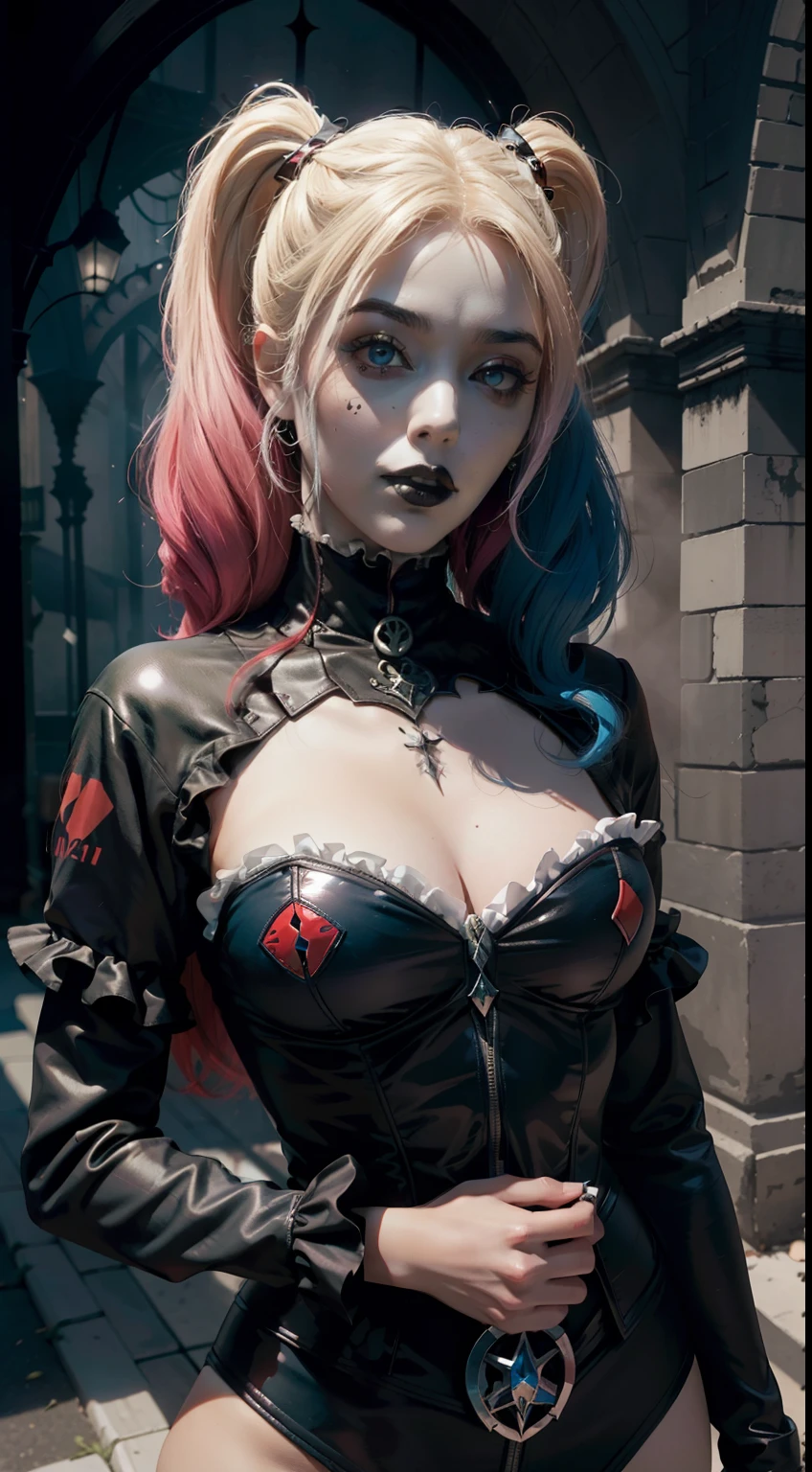 (((Arlequina))),cabelo com mechas rosa e azul ao estilo harley Quinn, (cabelo mecha cor rosa a esquerda e mecha cor azul a direita ao estilo harley Quinn), maquiagem de sombra no olho ao estiloharleyQuinn, sombra vermelha no olho esquerdo, maquiagem de sombra azul no olho direito, Arte Oficial, Unity 8k papel de parede, ultra-detalhado, Beautiful, Beautiful, ((New Gothic Gal:1.4)), master part, best quality, Escuro, Atmospheric, mistic, Romantic, assustador, Literatura, arte, moda, victory, decoration, intrincado, renda, contemplation, profundidade emocional, sobrenatural, 1 girl, sozinho, quadril