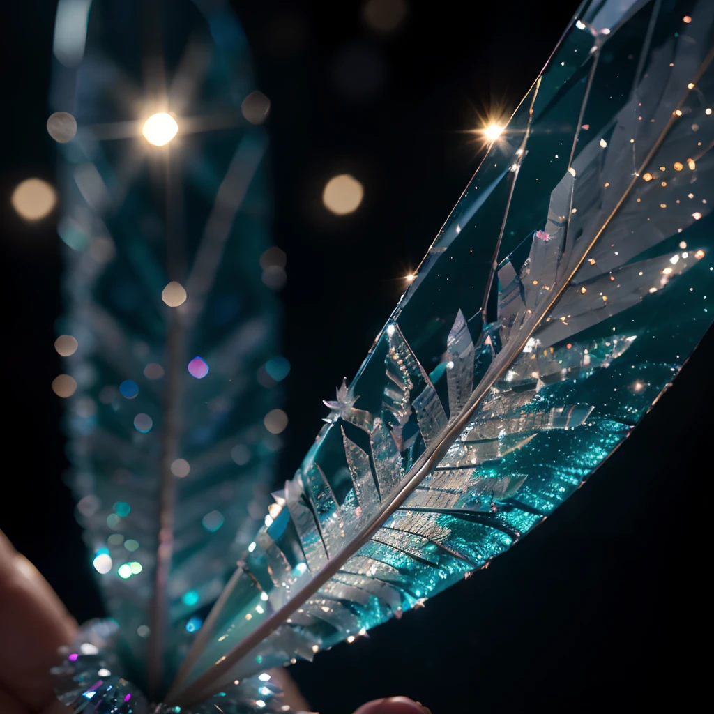 "Crystal fantasy, close-up, countless crystal feathers flutter in the air,
fantasy, galaxy, transparent, shallow depth of field, jade bokeh, sparkling, sparkling, stunning, colorful,
Magical Photography, Dramatic Lighting, Photorealism, Ultra Detail, 4K, Depth of Field, High Resolution"