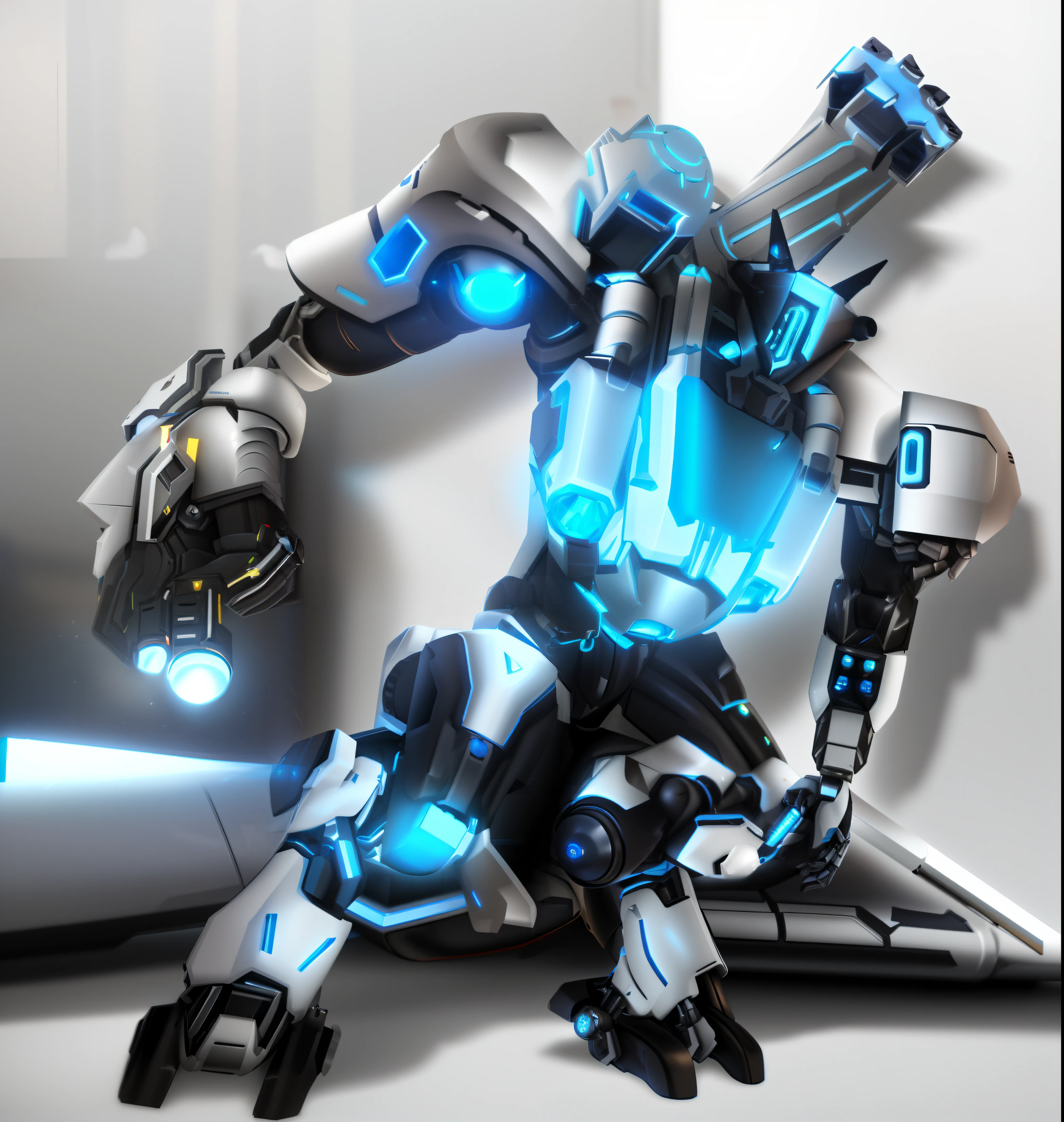 a close up of a robot with a blue eye and a gun, echo from overwatch, sojourn from overwatch, ferra white mecha, mecha suit, mecha inspired, rendered in arnold engine, rendered in redshift, female mecha, mech robot futuristic, mecha robot details, cool mecha style, hard surface model, reinhardt from overwatch