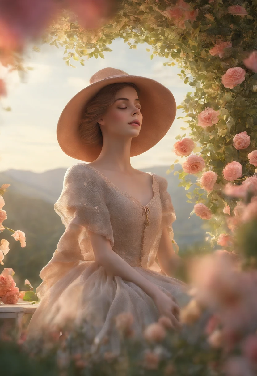 Crie uma impressionante cena 3D renderizada em 4K, Ratio 16:9, with the art style of the book 'The Little Prince' by Antoine de Saint-Exupéry. A imagem mostra uma bela princesa de vestido regando flores coloridas em um planeta. Ao seu redor florescem flores de cores vibrantes. Ela as rega delicadamente com um regador prateado em forma de estrela. Ao fundo, You can see the mountainous landscape of the planet in pastel tones. The lighting is soft and dreamlike. The quality of the 3D rendering is extremely detailed and realistic in 8K resolution."