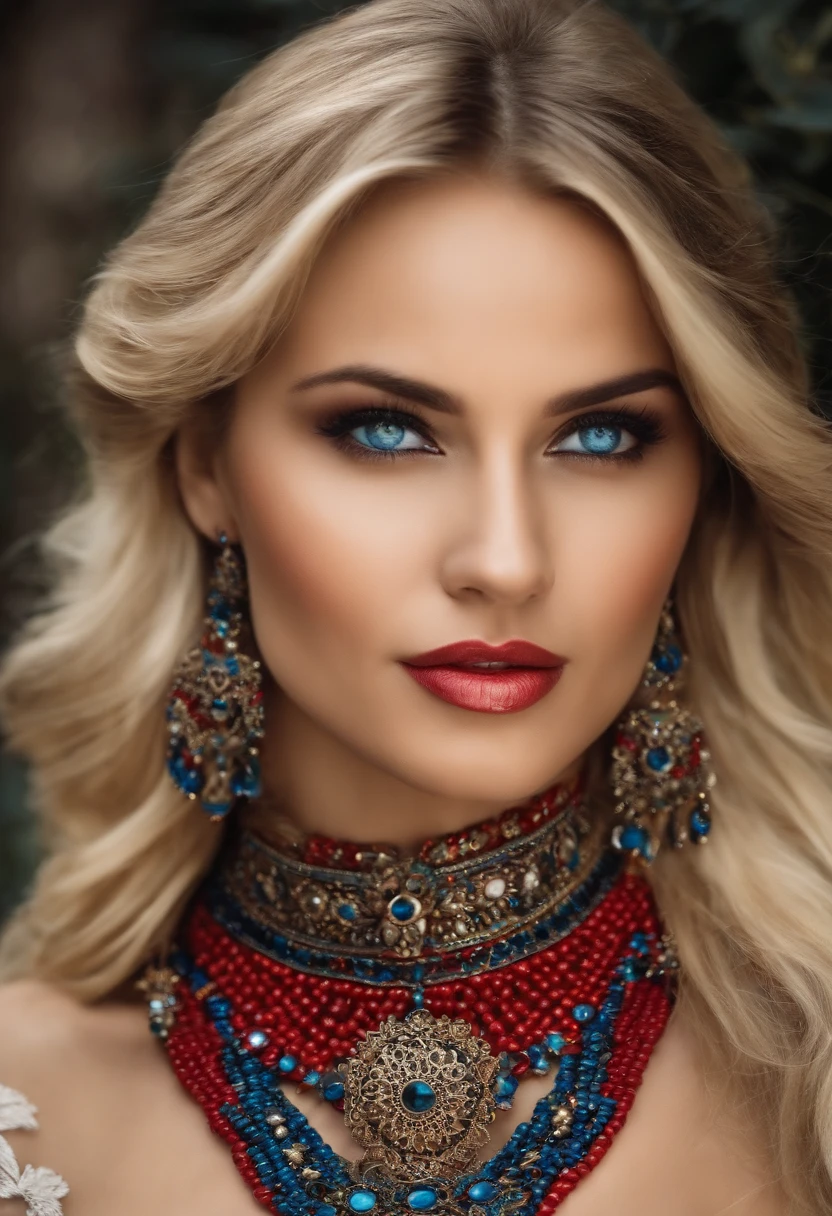 Mujer rubia, ojos azul y rojo, collar negro, alas