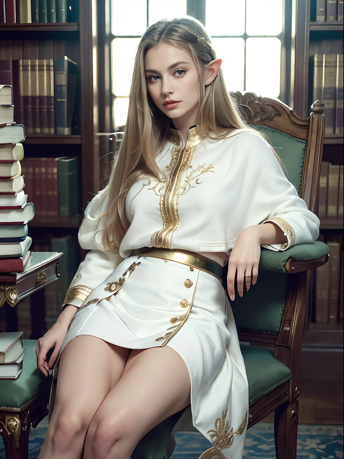 (((Masterpiece, highest quality, high definition, high detail)))), one, ((fantasy)))), (elf woman)))), (white short skirt with gold embroidery), (blonde long straight hair), (glossy dark green eyes), (white surcoat with gold embroidery), big, (((National Library of the royal capital)), (A large space with a lot of books)), sit in a chair and read a book , Particles of light flying