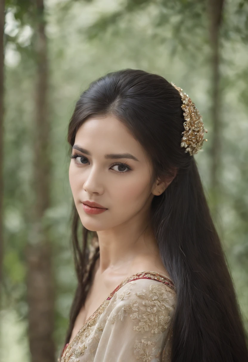 realistic potrait princess, wearing indonesia royal dress, black hair, crazy long hairs, super long hairs, very long hairs, highly detailed hairs, absurdly long hairs, voluminous long hairs, straight posture