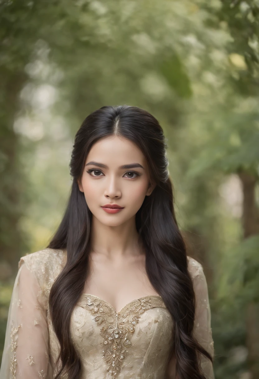 realistic potrait princess, wearing indonesia royal dress, black hair, crazy long hairs, super long hairs, very long hairs, highly detailed hairs, absurdly long hairs, voluminous long hairs, straight posture