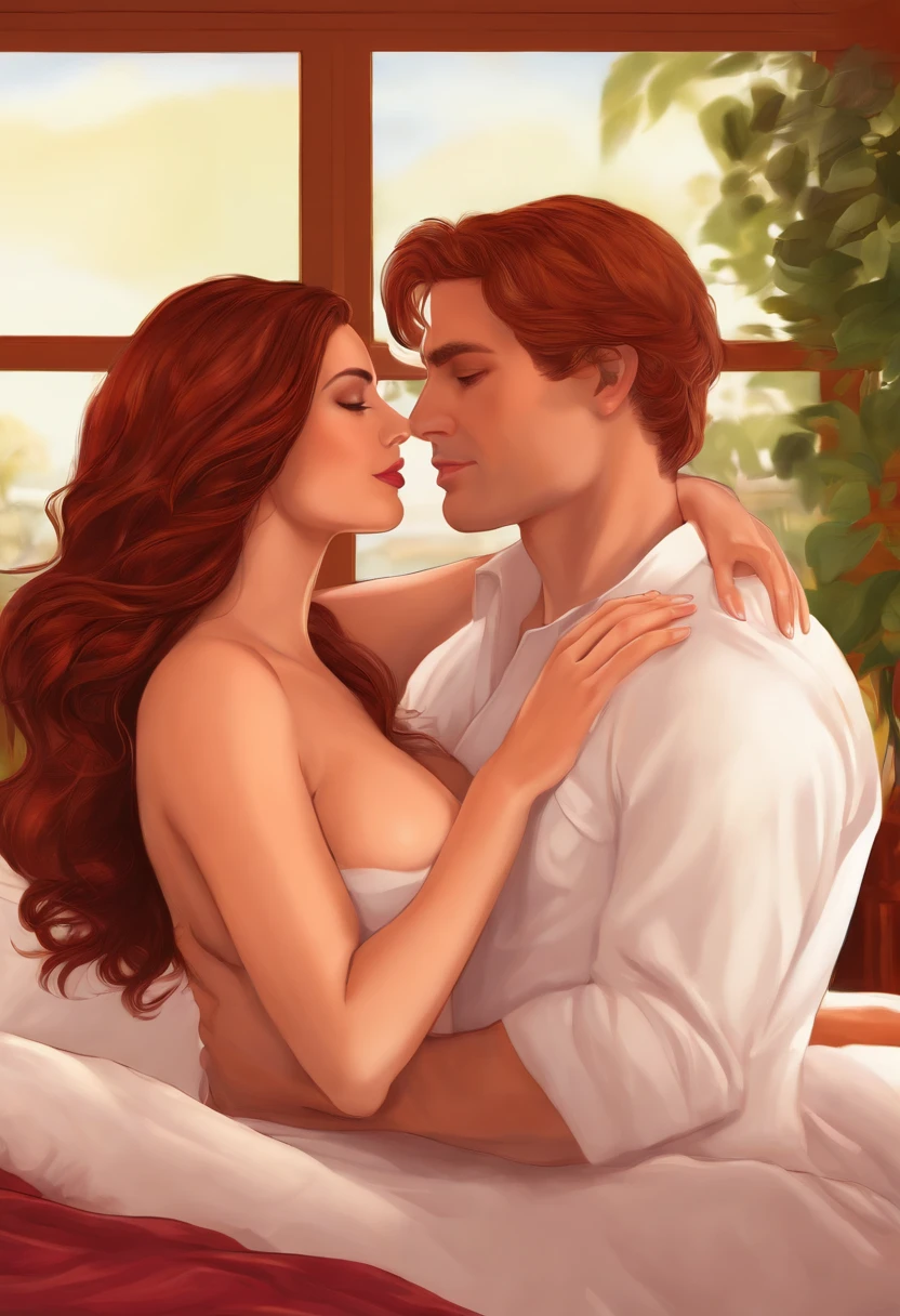 young couple, young woman auburn hair, boobs, nude, older man, nude, kissing and touching in bed