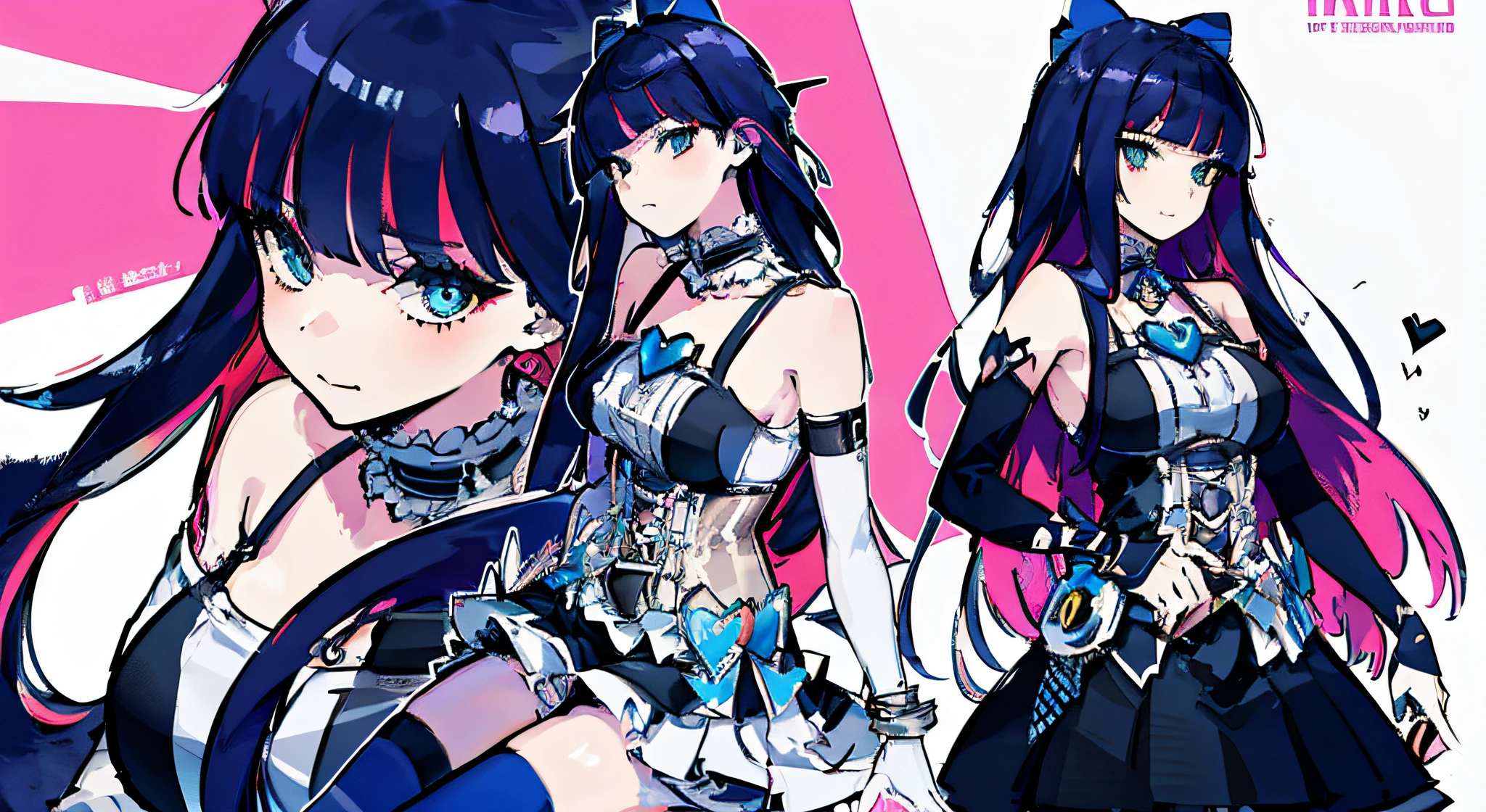 Illustration, UHD, retina, masterpiece, accurate, anatomically correct, super detail, high details, high quality, award winning, best quality, highres, good anatomy, 1080P, HD, 4K, 8k, 16k, 1girl, dynamic pose, androgynous, detailed eyes, detailed clothes, detailed hair, rendering, strands of hair, cute waifu, gothic dress, anarchy stocking, white striped thighhighs, off shoulder corset dress, white chocker, purple hair, locks, chopped bangs