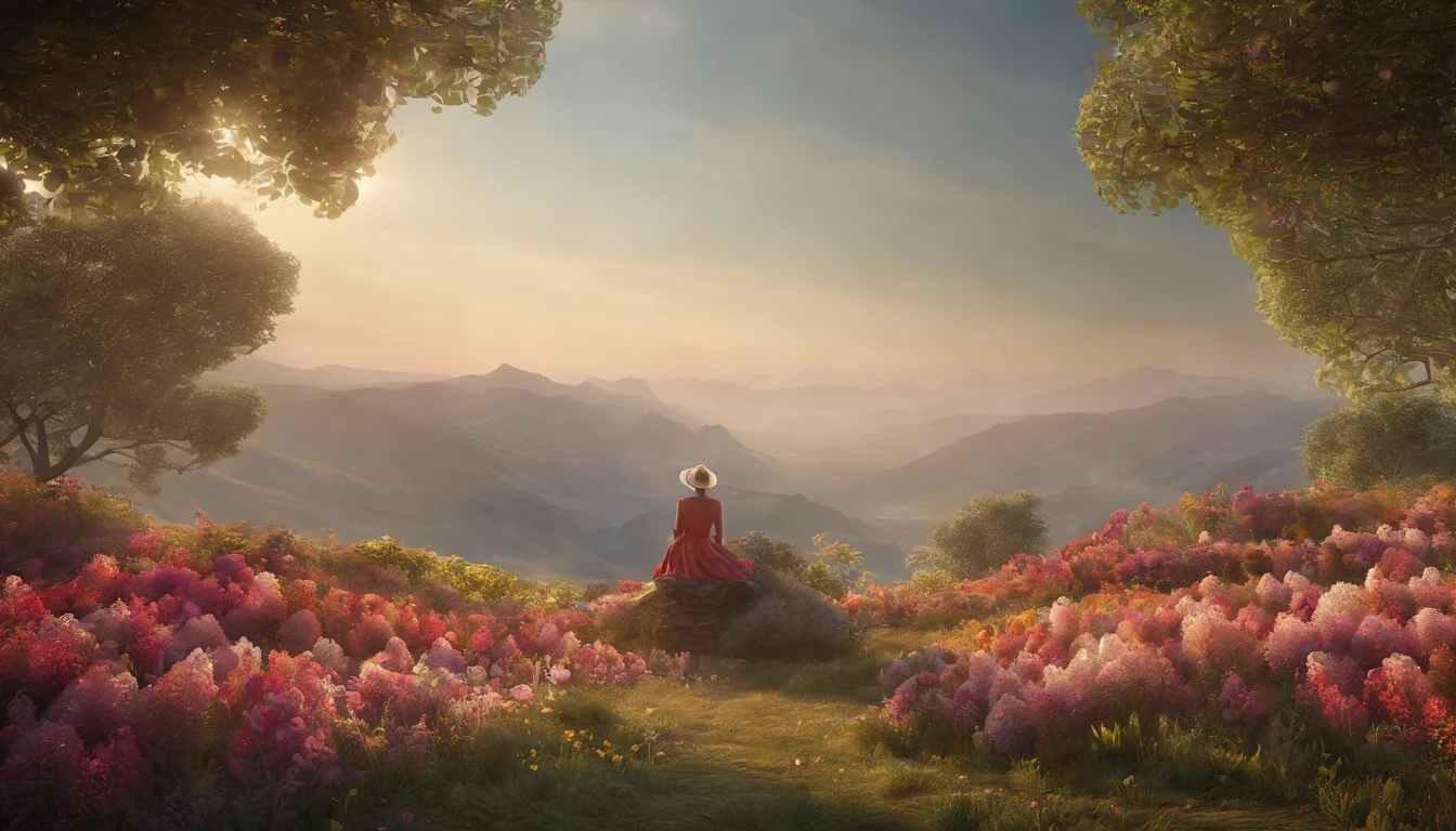 Crie uma impressionante cena 3D renderizada em 4K, Ratio 16:9, with the art style of the book 'The Little Prince' by Antoine de Saint-Exupéry. A imagem mostra uma bela princesa de vestido regando flores coloridas em um planeta. Ao seu redor florescem flores de cores vibrantes. Ela as rega delicadamente com um regador prateado em forma de estrela. Ao fundo, You can see the mountainous landscape of the planet in pastel tones. The lighting is soft and dreamlike. The quality of the 3D rendering is extremely detailed and realistic in 8K resolution.", 8k