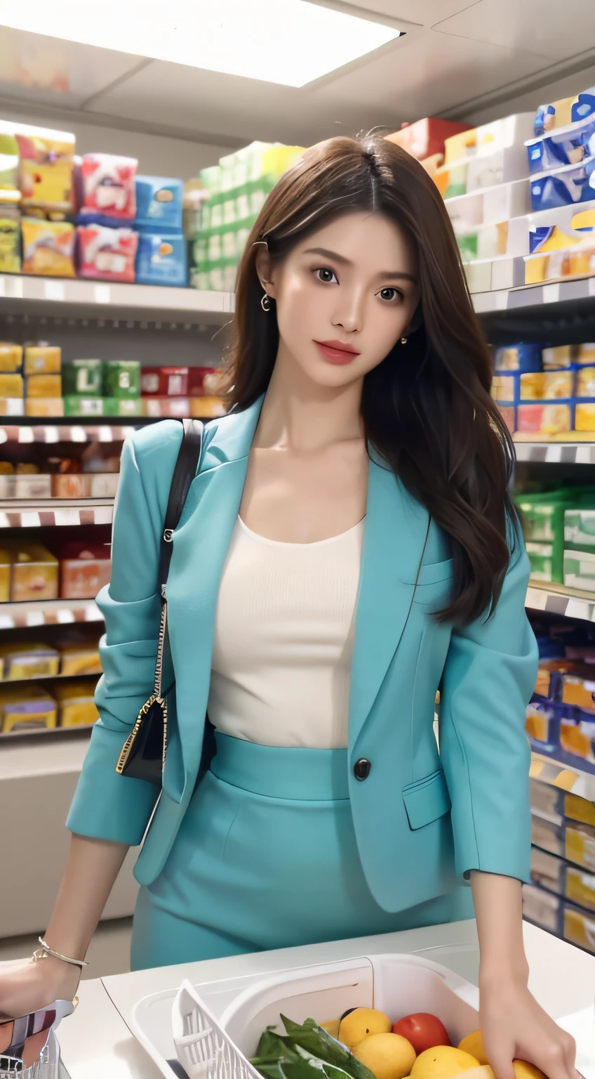 (highres,8k,best quality,ultra-detailed,hyperrealistic:1.2),1young girl,bodycon dress,blazer,heels,inside the convenience store,supermodel body,supermodel measurements,beautiful detailed eyes,beautiful detailed lips,longeyelashes,intense gaze,fashionable hair,confident posture,well-lit space,shelves filled with various products,refrigerated section stocked with drinks and snacks,clean and organized interior,modern cashier counter,bright fluorescent lights,checkout line,shopping baskets,customer browsing the aisles,convenience store logo,wide variety of merchandise,reflections on shiny surfaces,refreshing atmosphere,professional photography style,vivid colors,crisp focus,on-location shoot,lively and dynamic setting,sleek and polished aesthetic,stylish decor,elegant and sophisticated ambiance,artistic lighting that highlights the products,meticulous attention to detail,realistic textures,expansive perspective,immaculate presentation,modern and stylish surroundings, a glimpse into urban life,mix4.