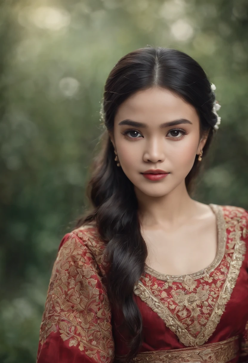 realistic potrait girl, wearing indonesia traditional dress, black hair