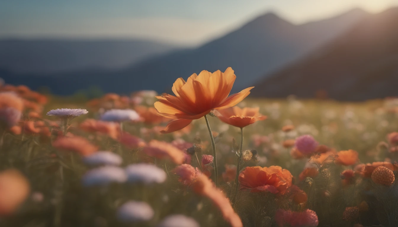 Crie uma impressionante cena 3D renderizada em 8K, Ratio 16:9, with the art style of the book 'The Little Prince' by Antoine de Saint-Exupéry. A imagem mostra uma bela princesa de vestido regando flores coloridas em um planeta. Ao seu redor florescem flores de cores vibrantes. Ela as rega delicadamente com um regador prateado em forma de estrela. Ao fundo, You can see the mountainous landscape of the planet in pastel tones. The lighting is soft and dreamlike. The quality of the 3D rendering is extremely detailed and realistic in 8K resolution."